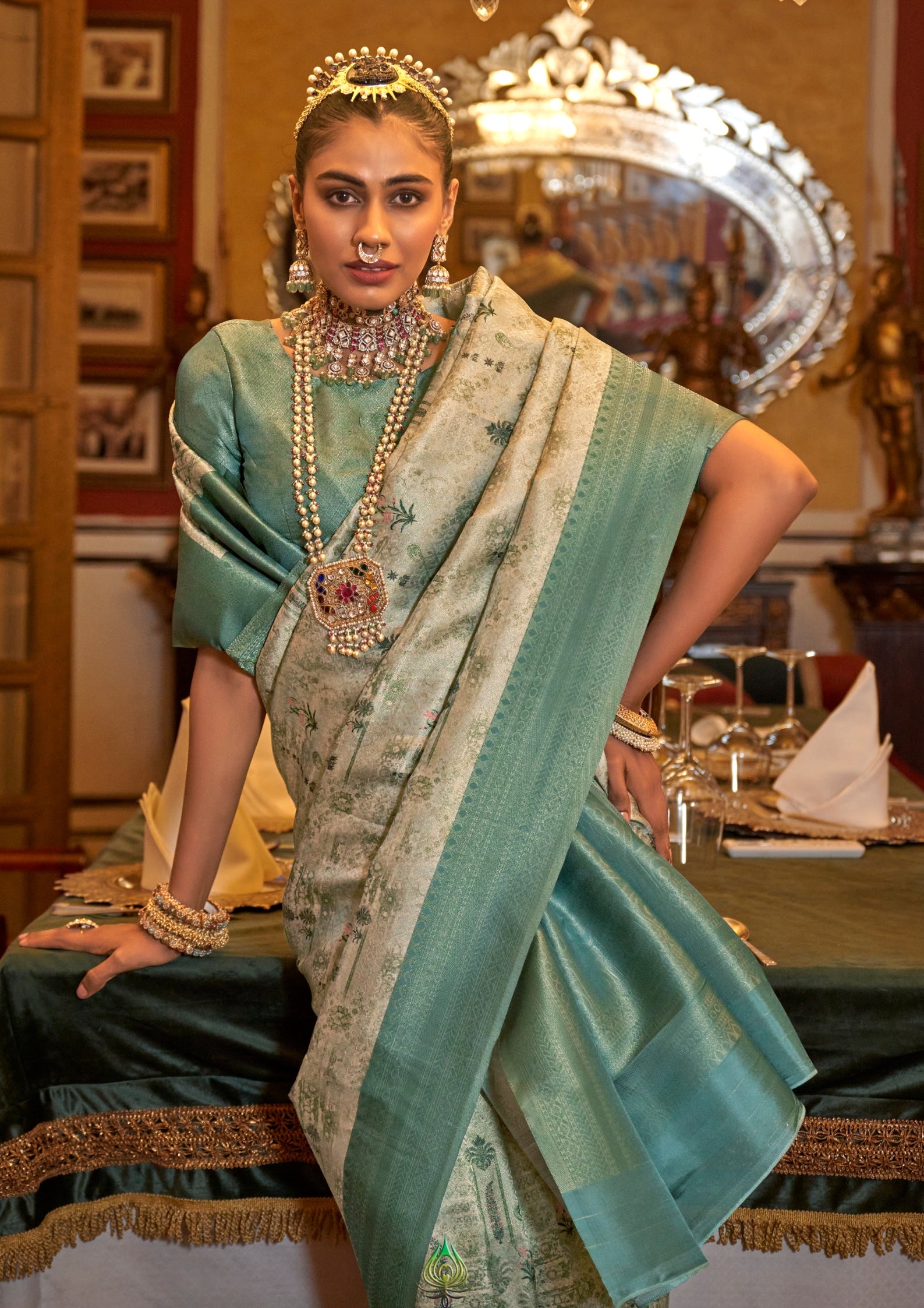 SEA GREEN TUSSER SILK WITH DIGITAL PRINTED ZARI BORDER SAREE