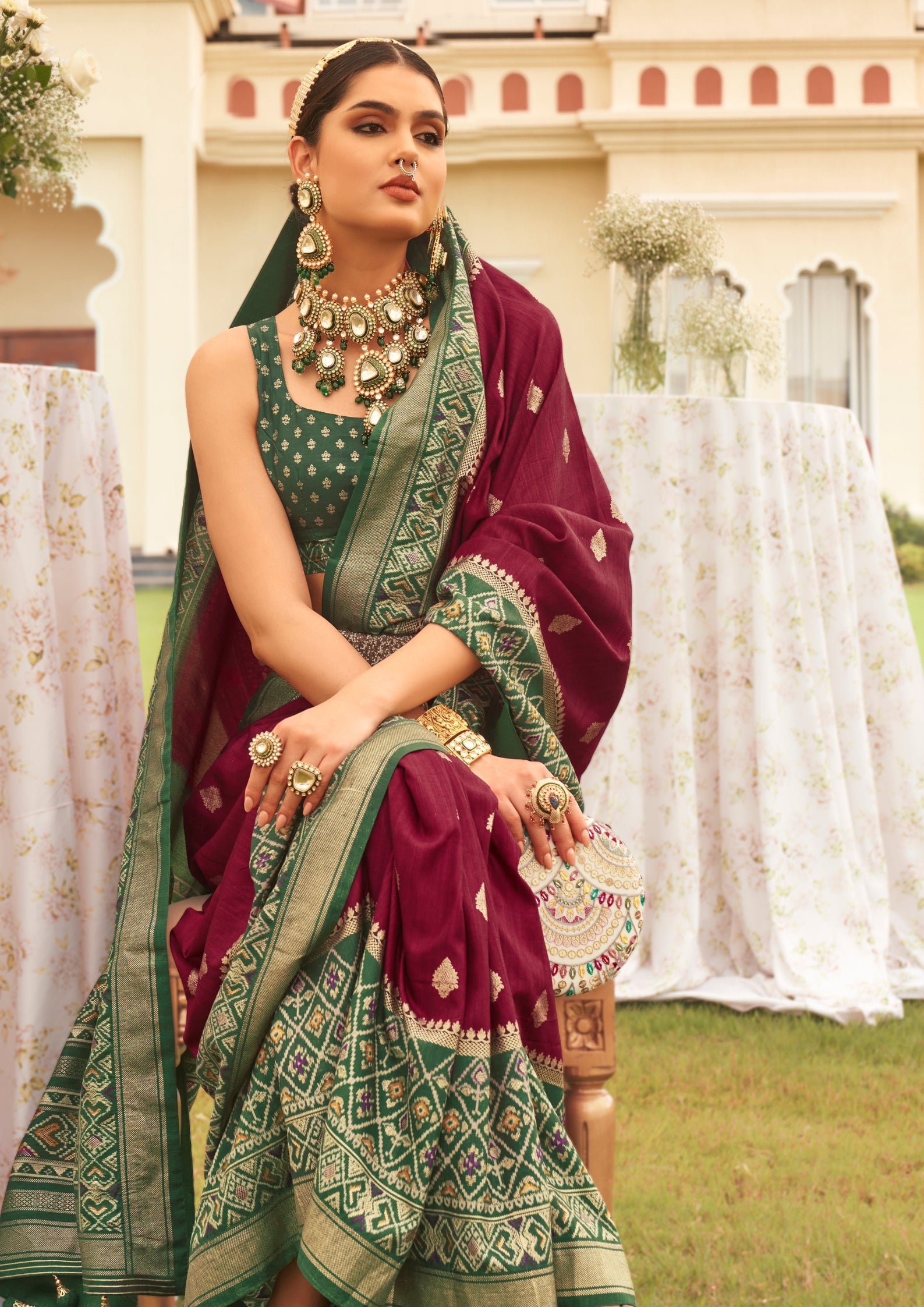 Maroon Silk Saree with Aqua Finish