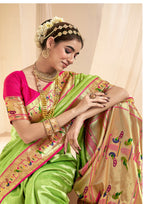 Pure Paithani Tissue Lime Green Silk With Zari Border