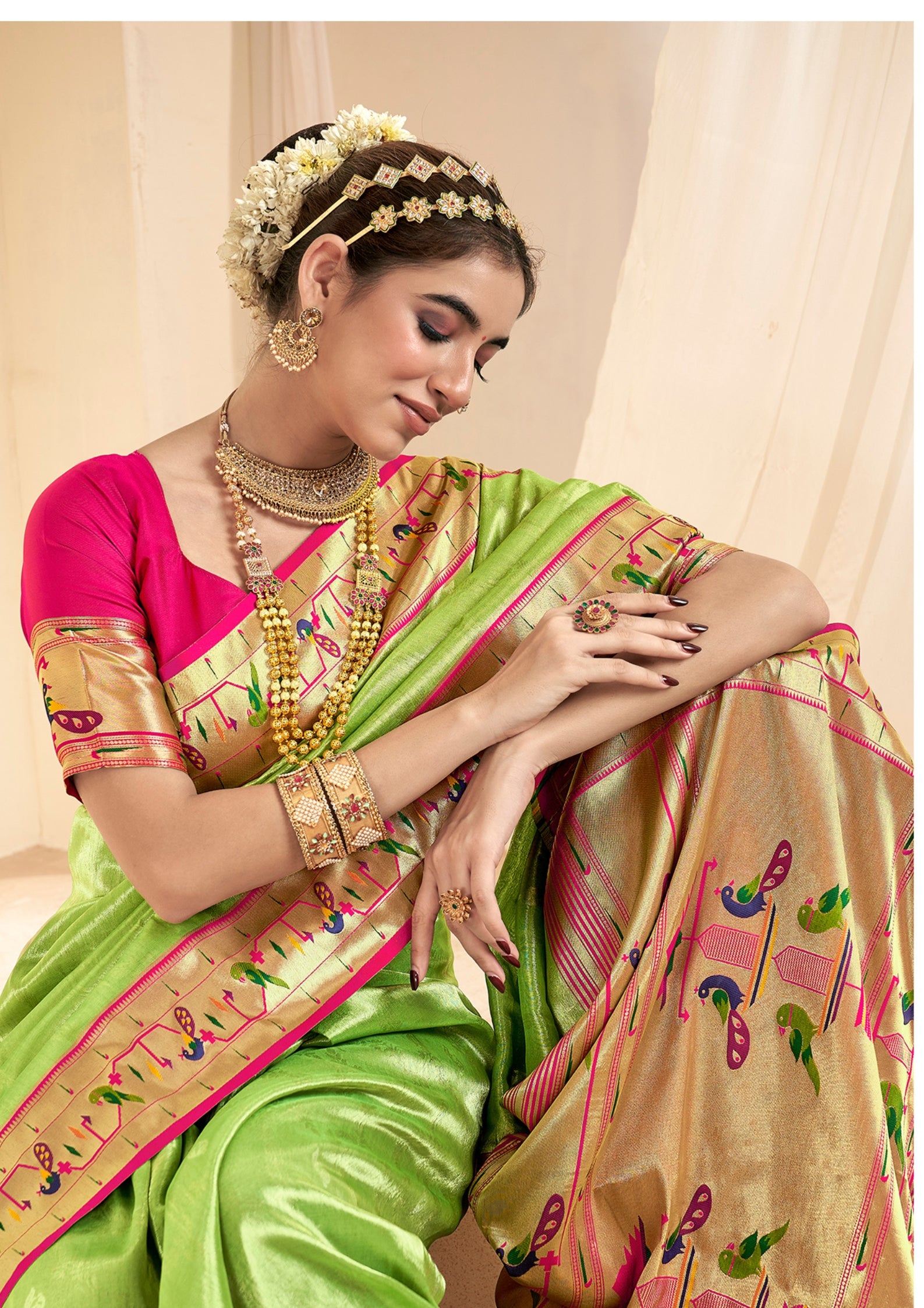 Pure Paithani Tissue Lime Green Silk With Zari Border
