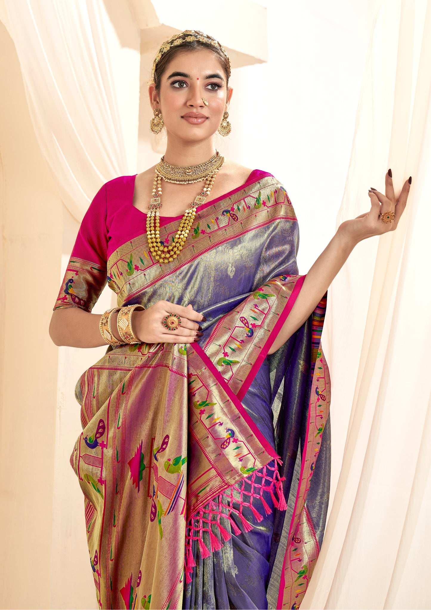 Pure Paithani Tissue Purple Silk With Zari Border