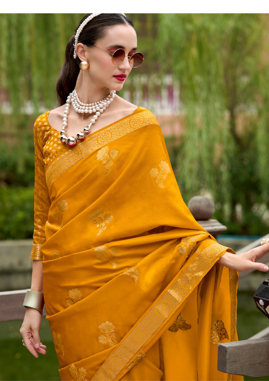 PURE SATTIN HANDWOVEN YELLOW WITH ZARI WEAVING