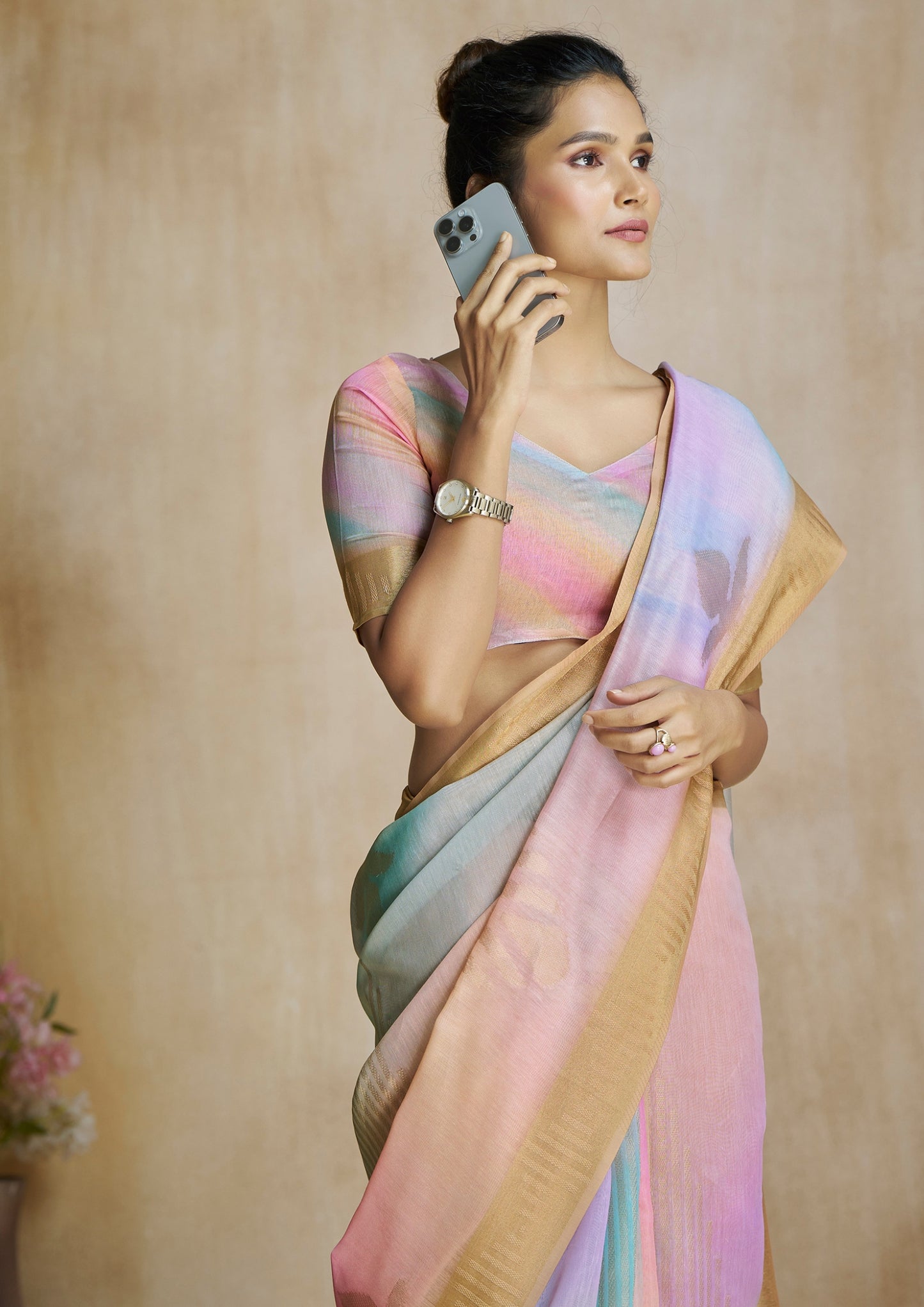 Beige Digital Printed Saree