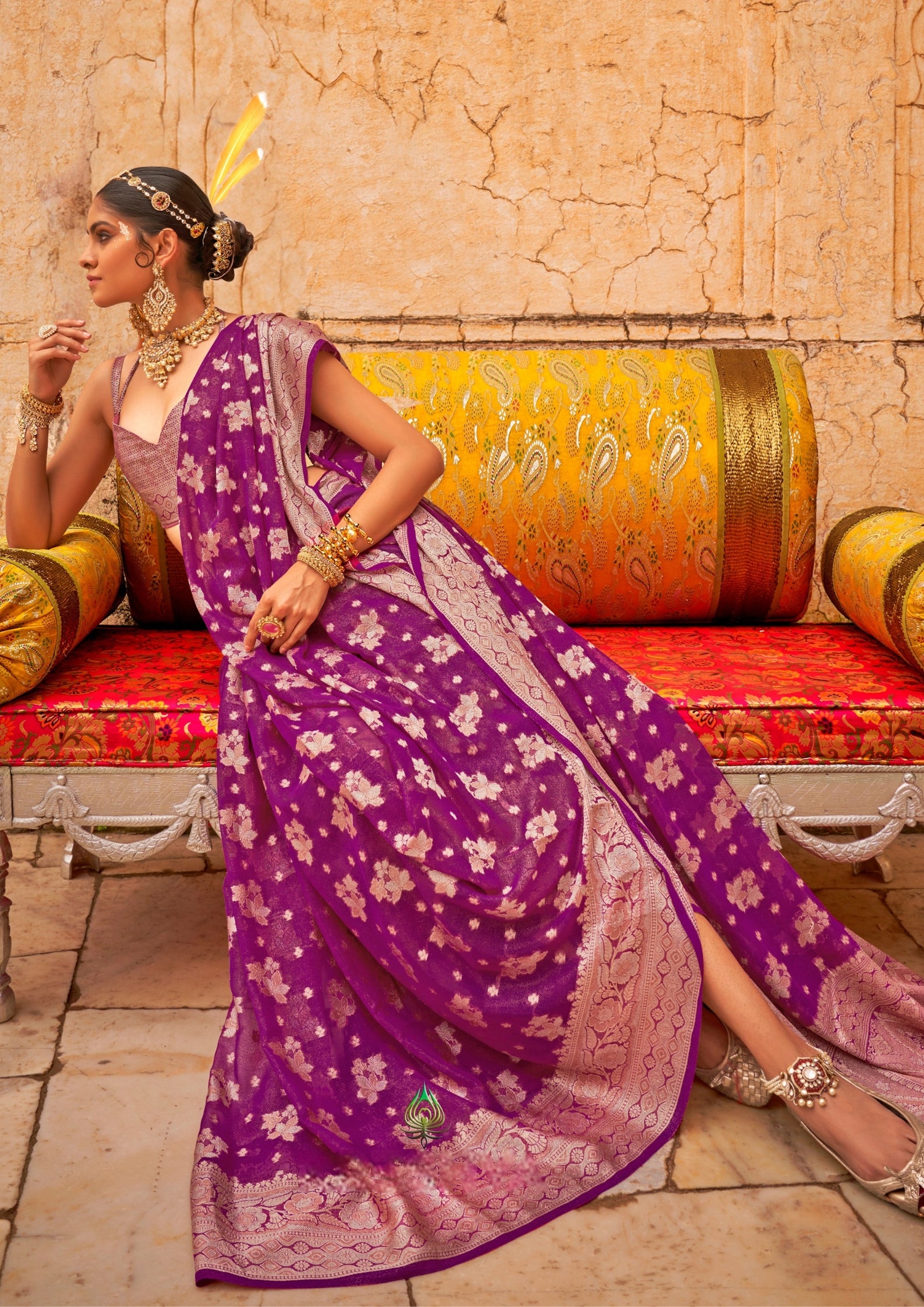 PURPLE GEORGETTE SAREE WITH WEAVING BUTA BORDER