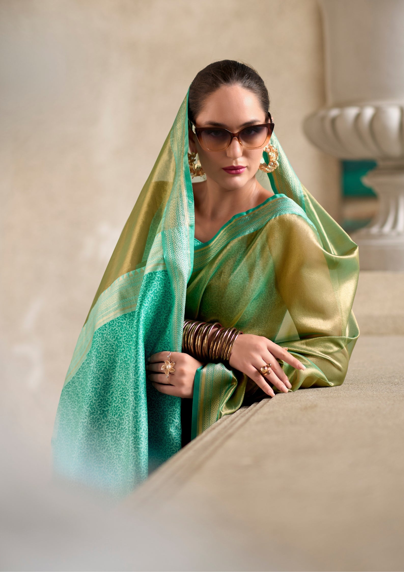 Pure Tissue Green  Saaree  With Designer Pallu and blouse