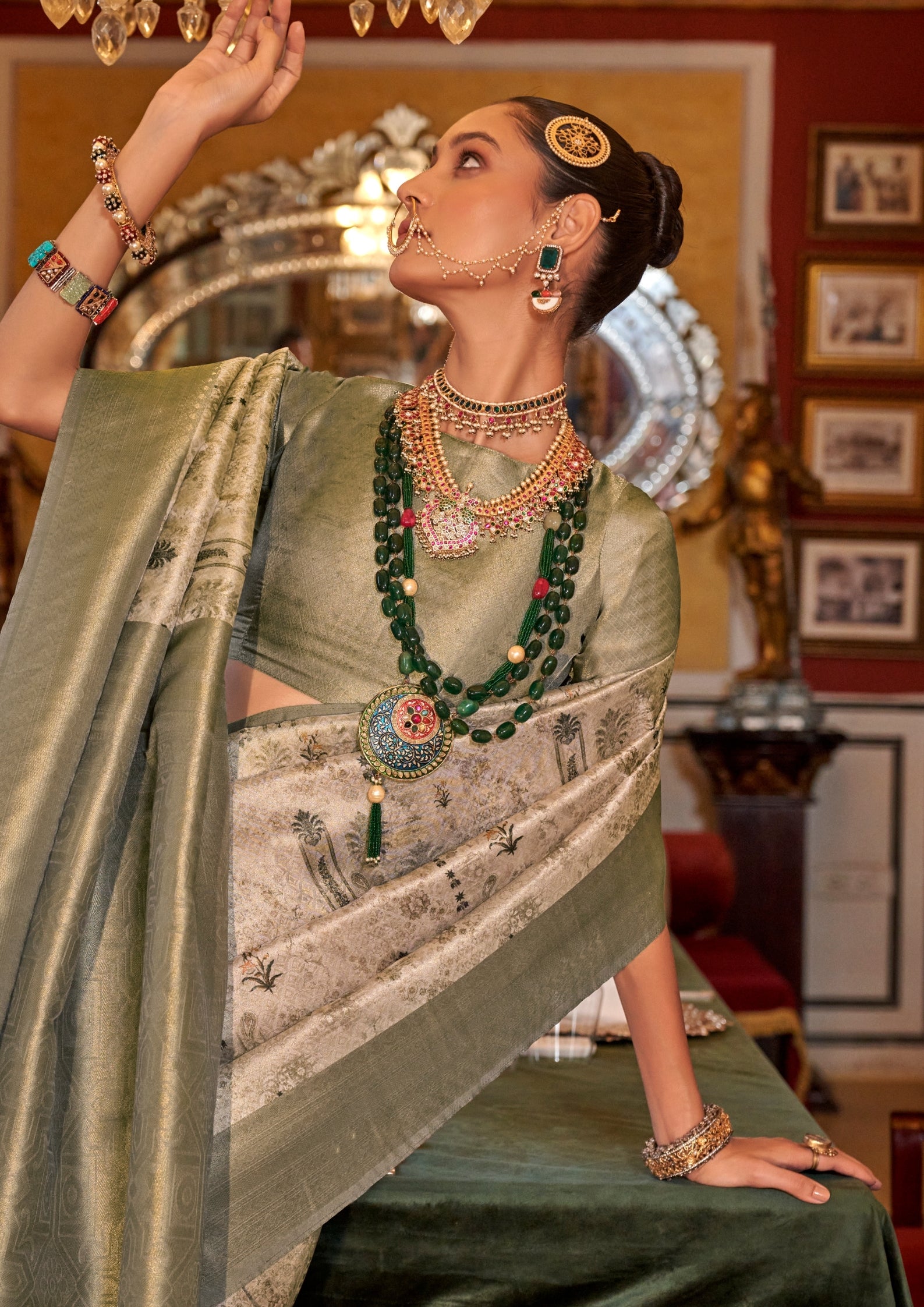 PISTACHIO TUSSER SILK WITH DIGITAL PRINTED ZARI BORDER SAREE