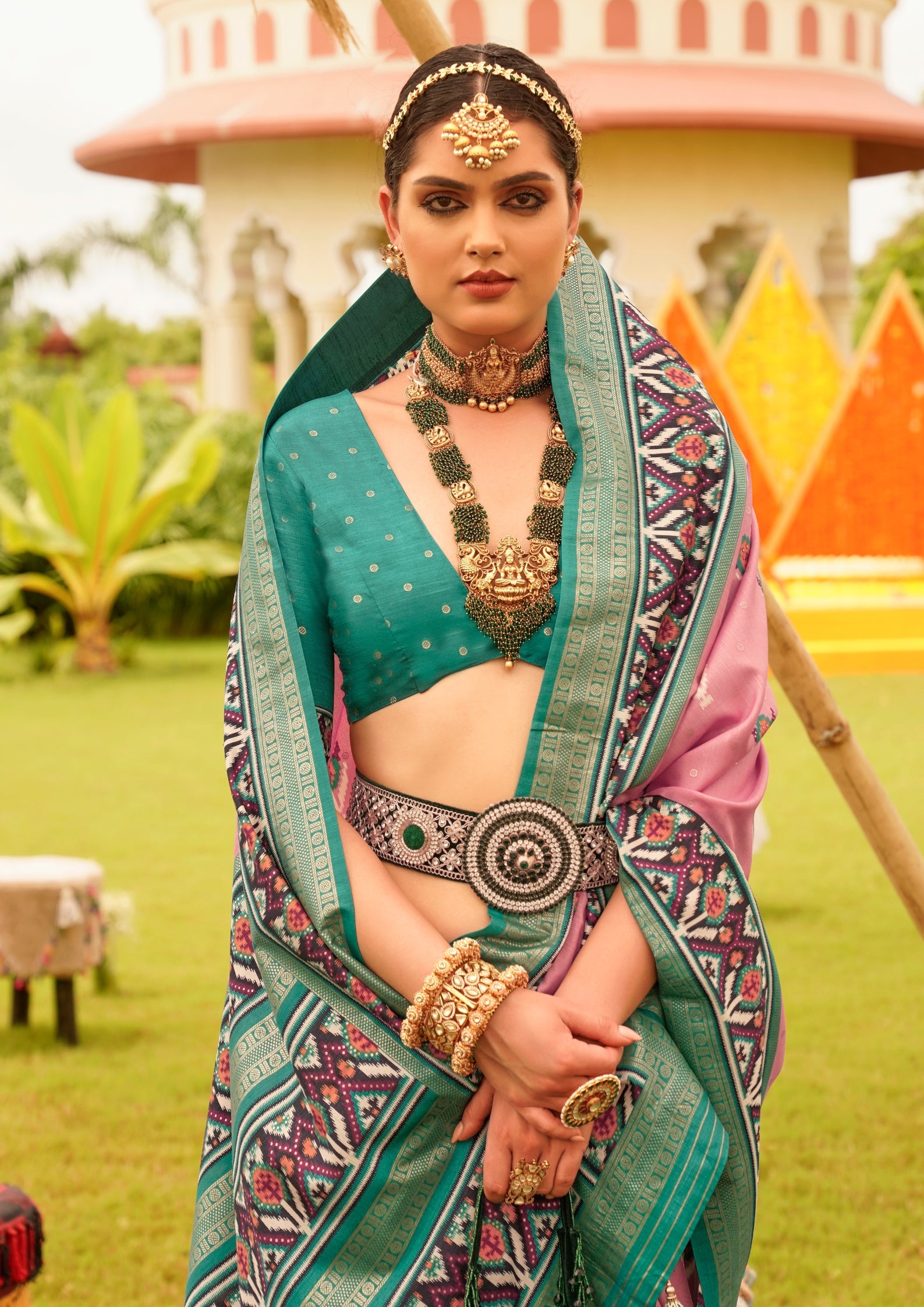 Pastel Pink with Cyan Border Silk with Aqua Finish