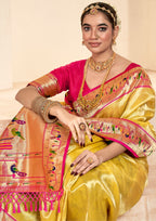 Pure Paithani Tissue Yellow Silk With Zari Border