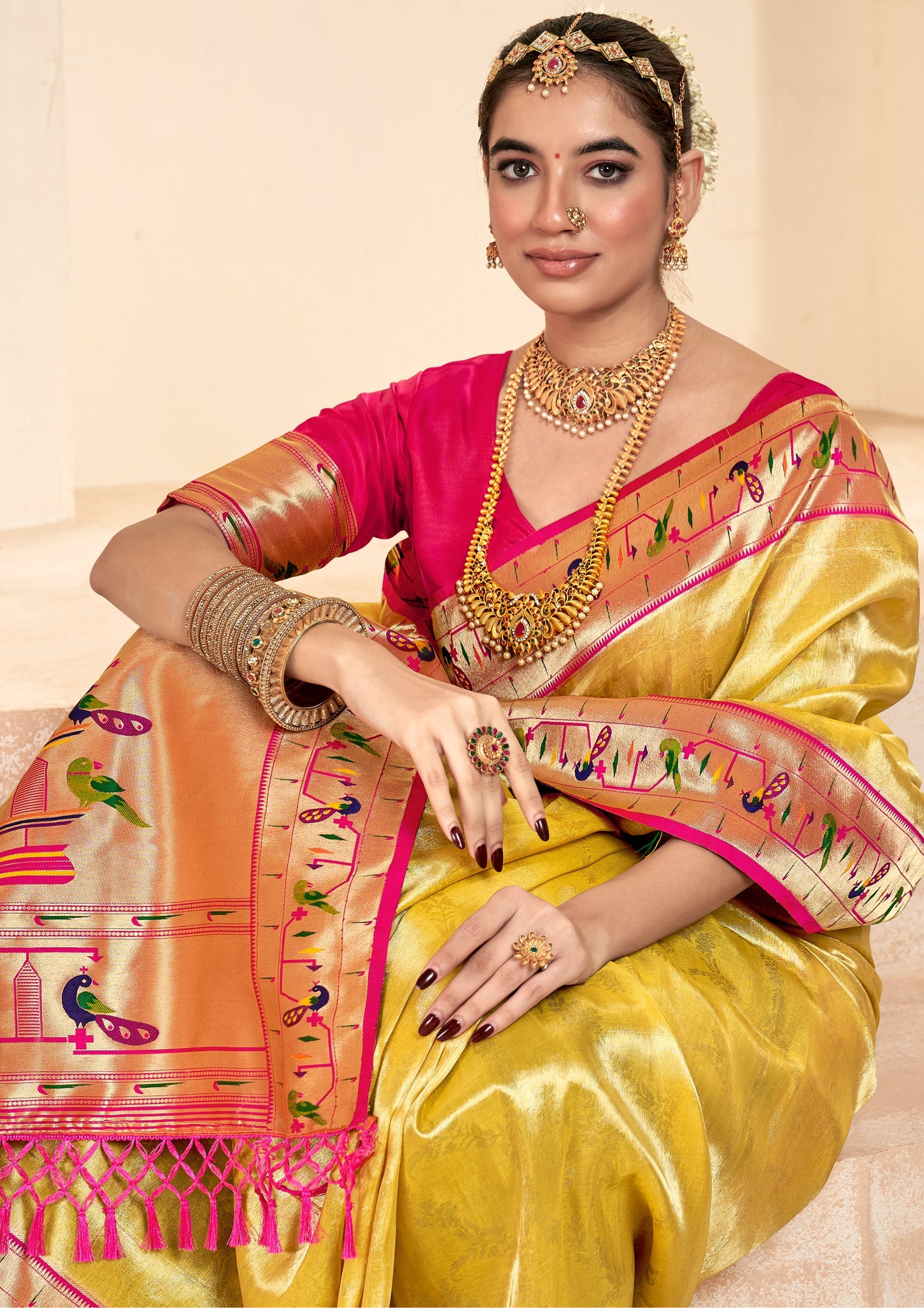 Pure Paithani Tissue Yellow Silk With Zari Border