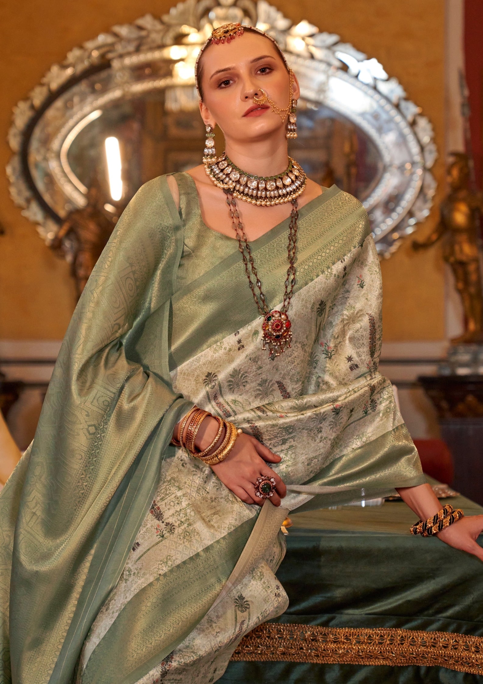 OLIVE GREEN TUSSER SILK WITH DIGITAL PRINTED ZARI BORDER SAREE