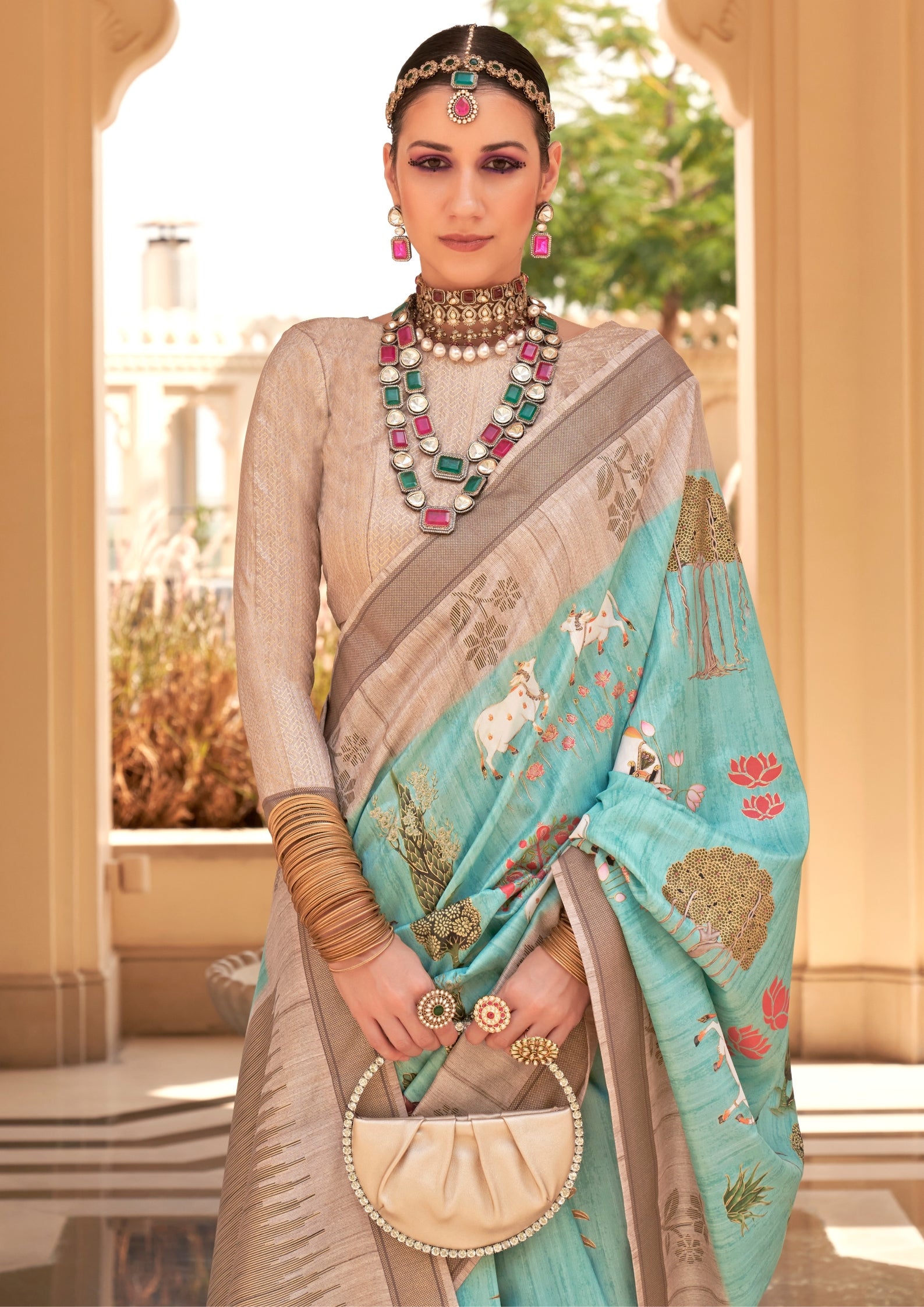 Electric Blue Raw Silk Saree With Foil And Khadi Print