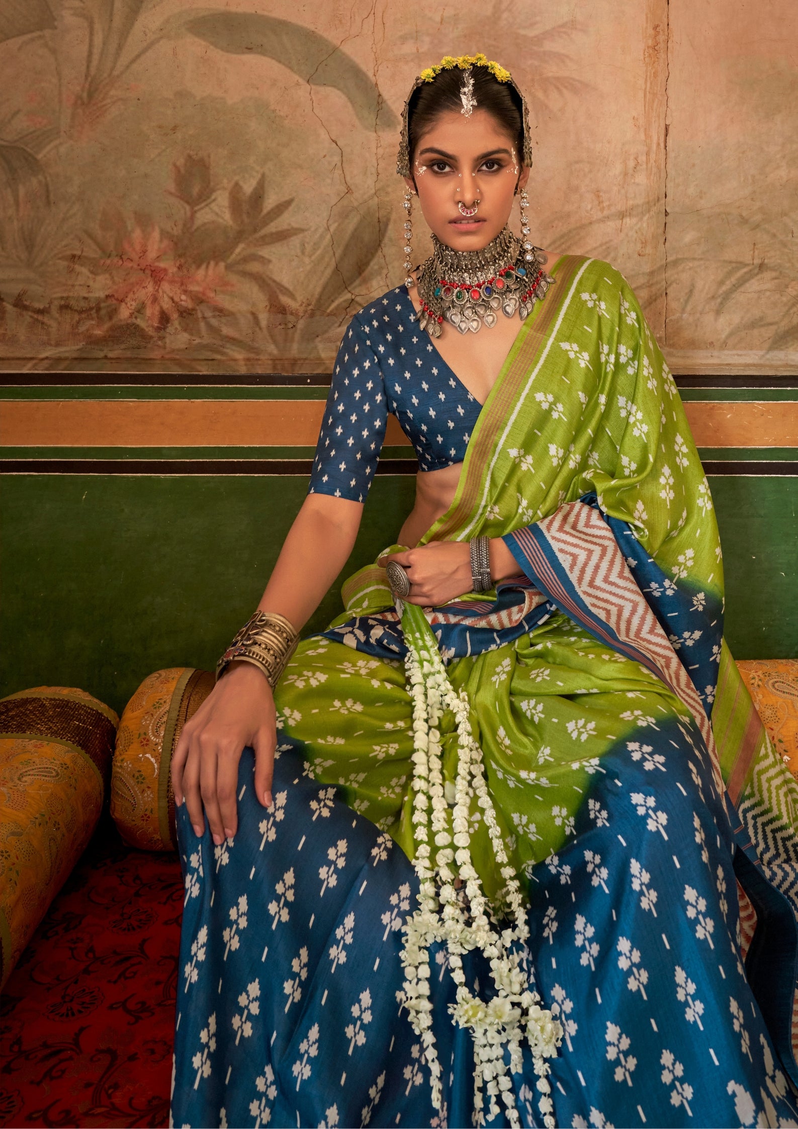 SAGE GREEN AND BLUE SILK TRADITIONAL CLASSIC DESIGN WITH AQUA FINISH