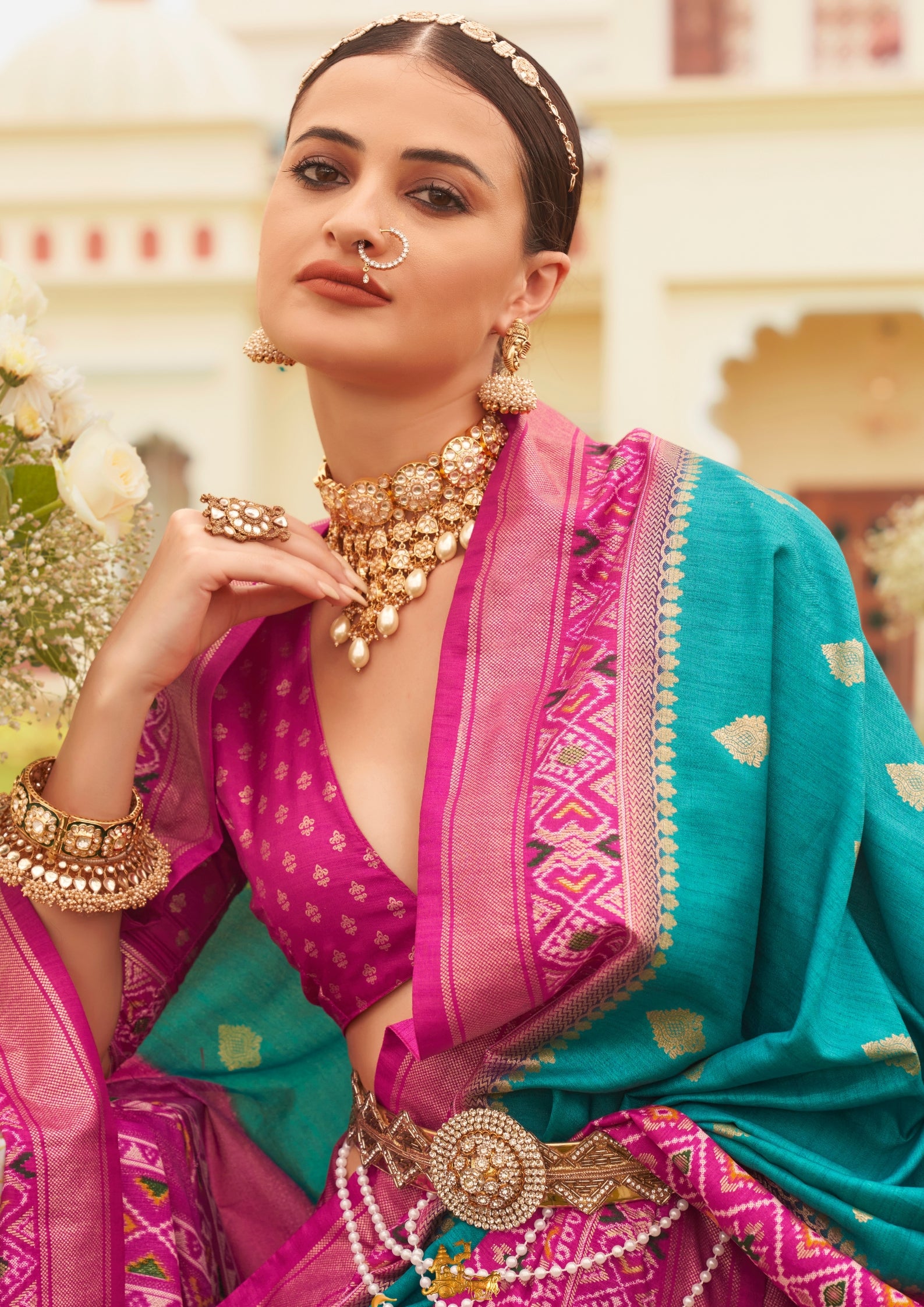 Turquise with Hot Pink Border Silk Saree with Aqua Finish
