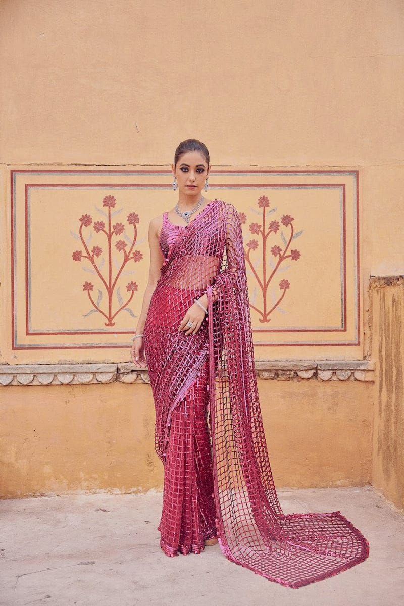 Premium Pink Mono Net Saree with Sequins embroidery