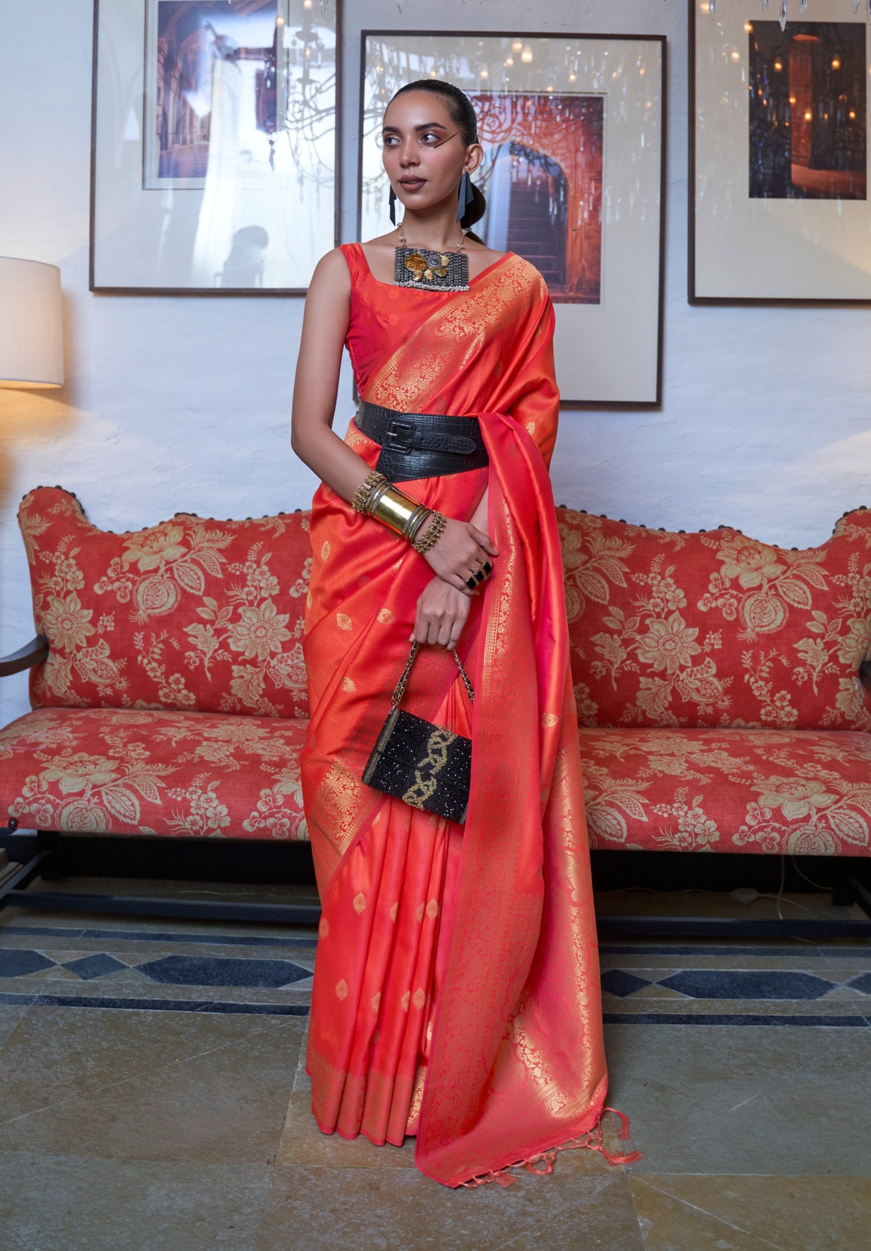 Red Moss Weave Banarasi Handloom Weaving Silk Saree