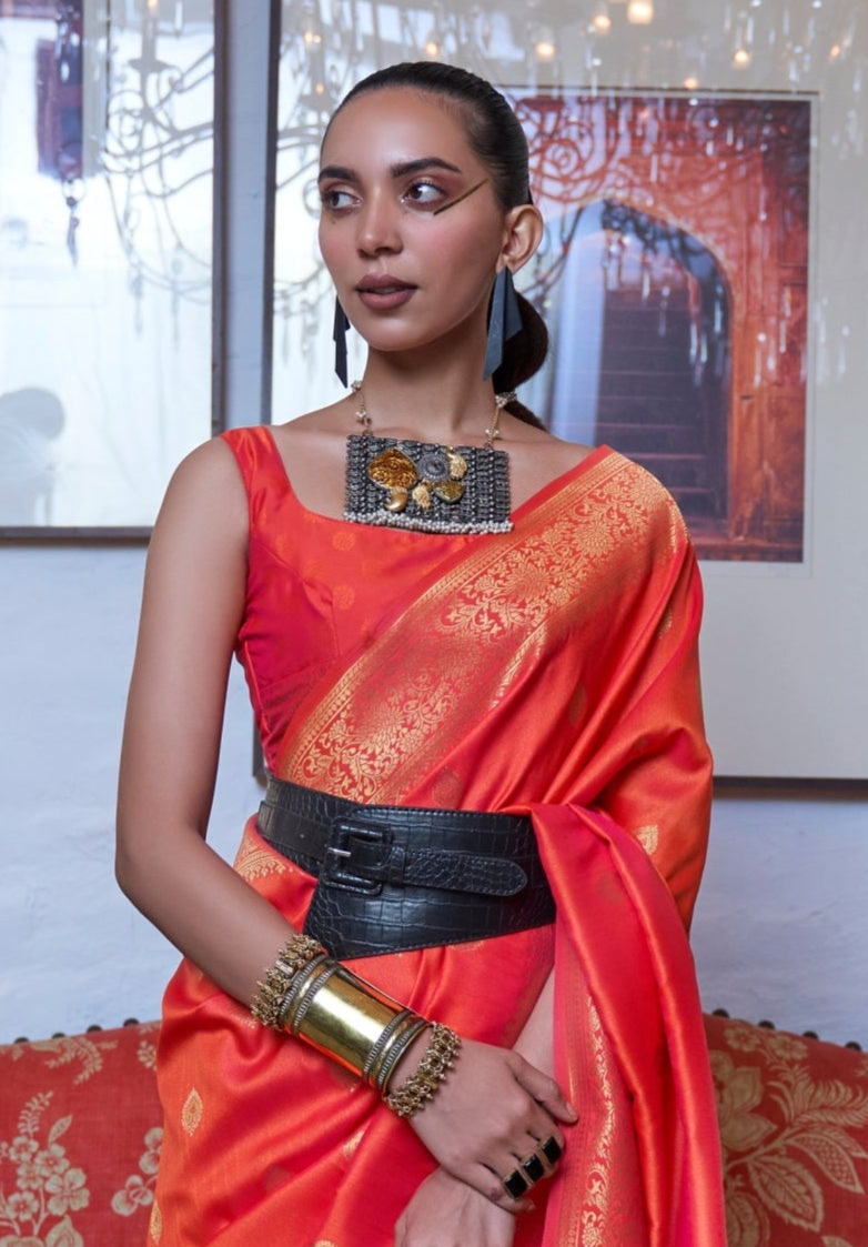 Red Moss Weave Banarasi Handloom Weaving Silk Saree
