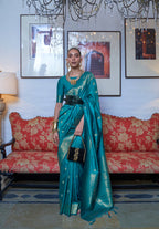 Turquoise Blue Moss Weave Banarasi Handloom Weaving Silk Saree