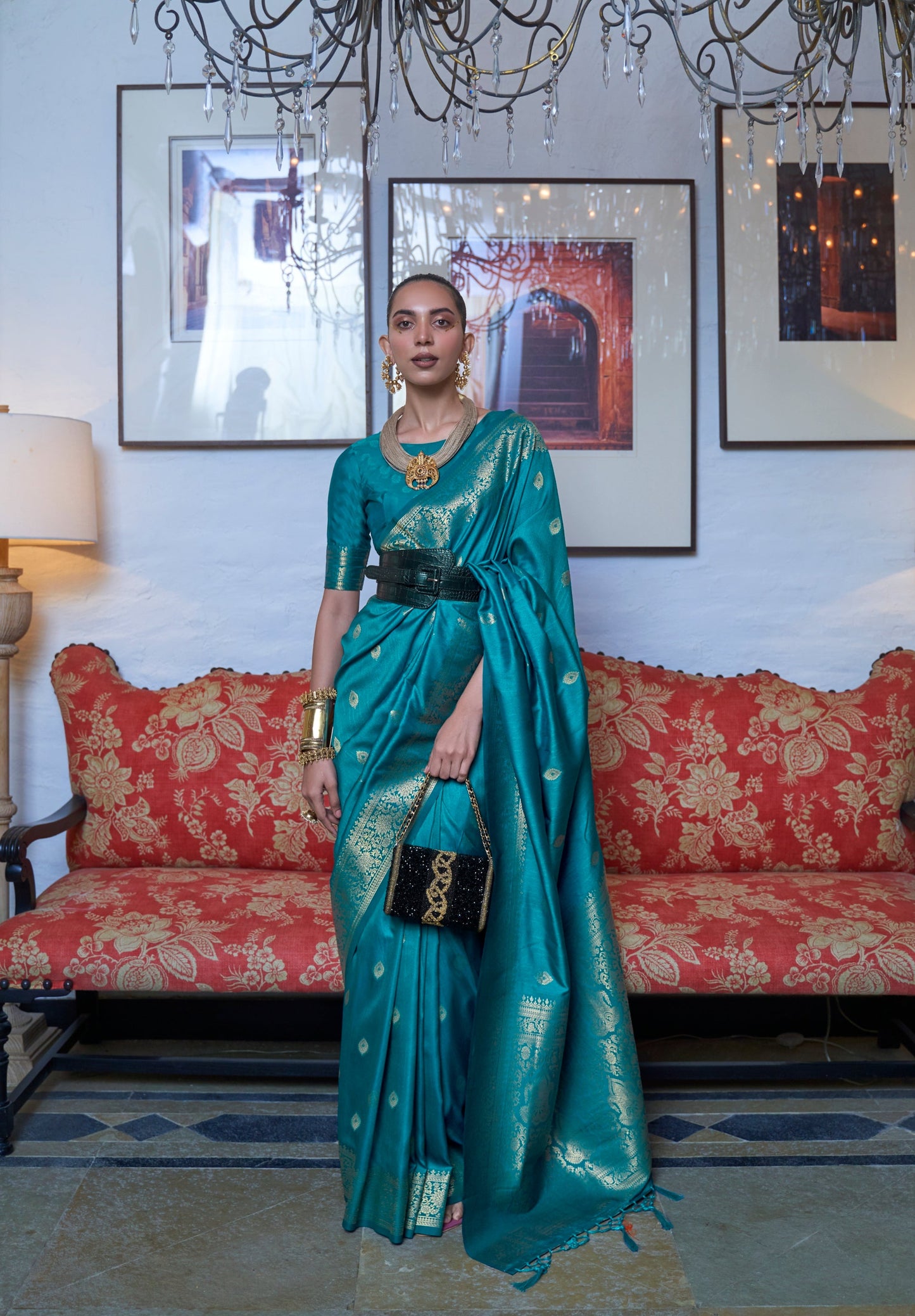 Turquoise Blue Moss Weave Banarasi Handloom Weaving Silk Saree