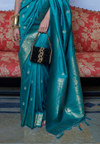 Turquoise Blue Moss Weave Banarasi Handloom Weaving Silk Saree
