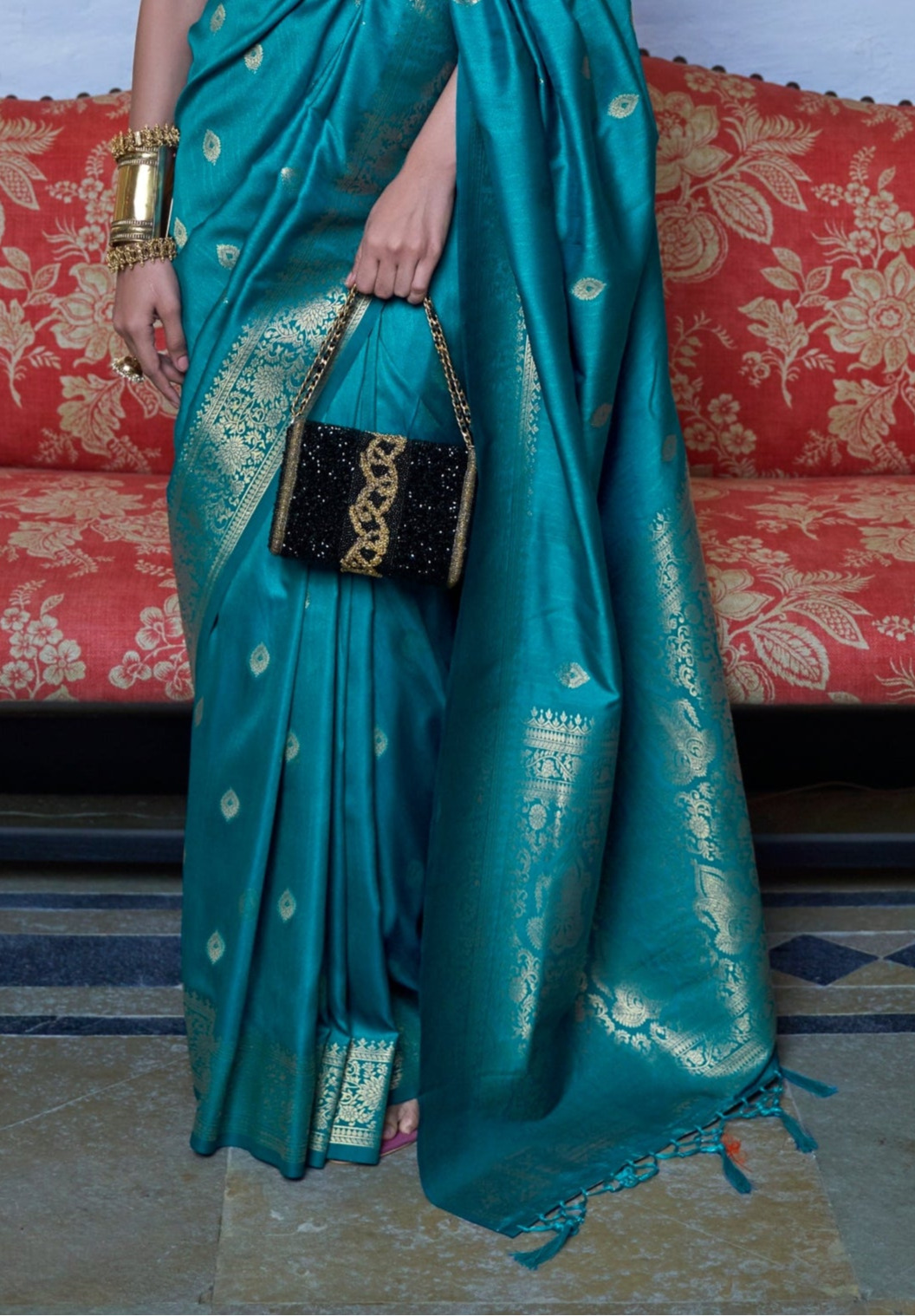 Turquoise Blue Moss Weave Banarasi Handloom Weaving Silk Saree
