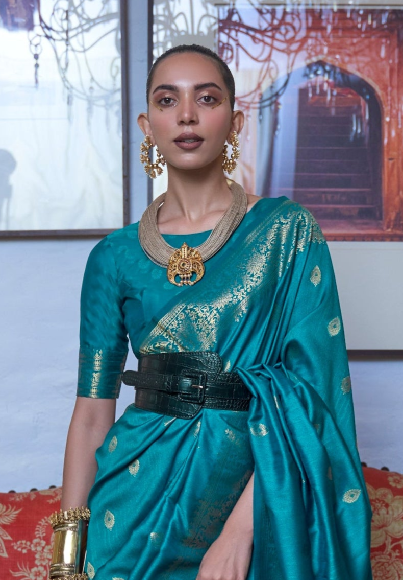Turquoise Blue Moss Weave Banarasi Handloom Weaving Silk Saree