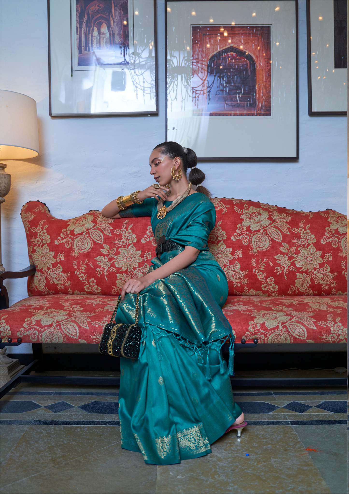 Turquoise Blue Moss Weave Banarasi Handloom Weaving Silk Saree