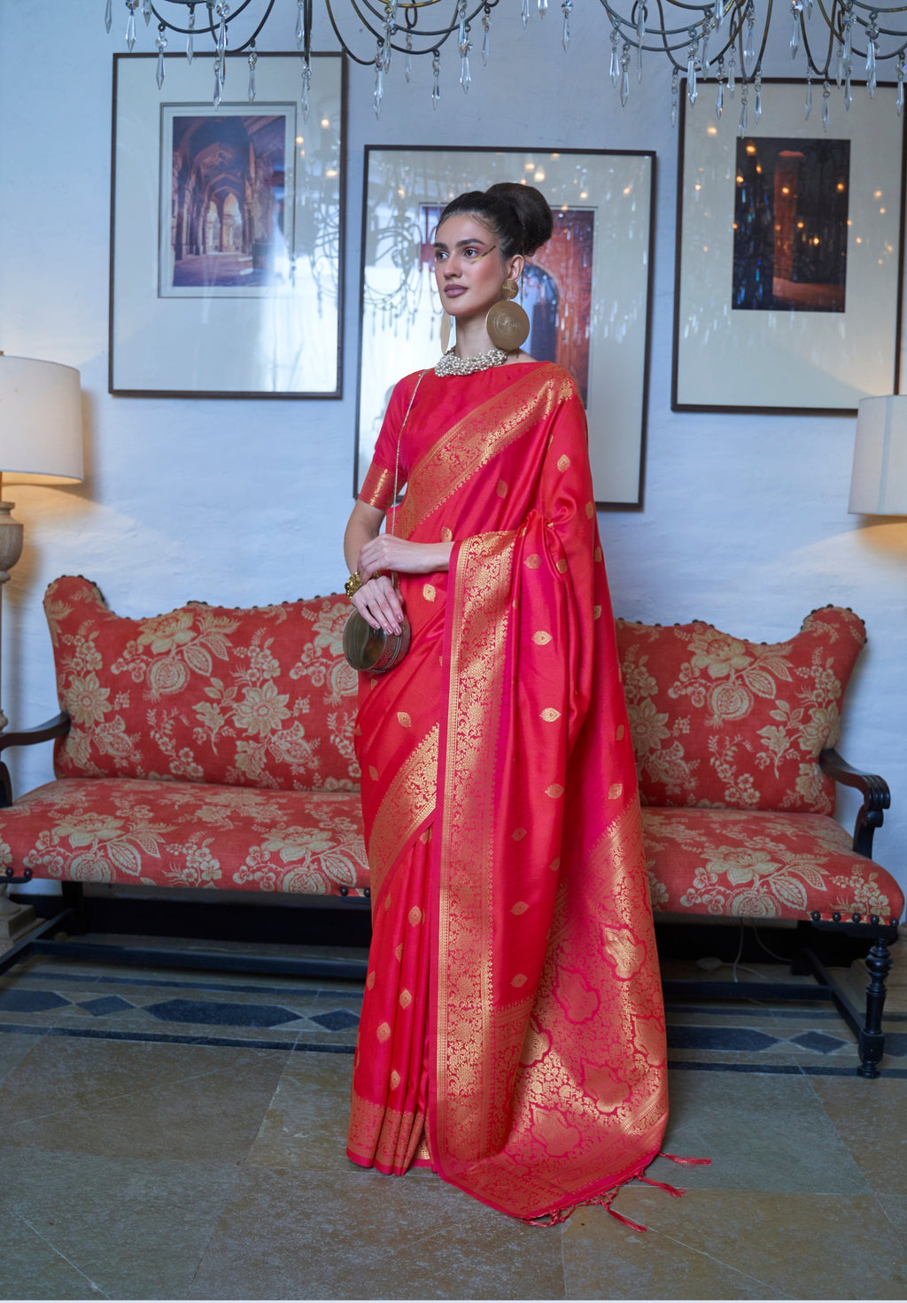Dark Pink Moss Weave Banarasi Handloom Weaving Silk Saree