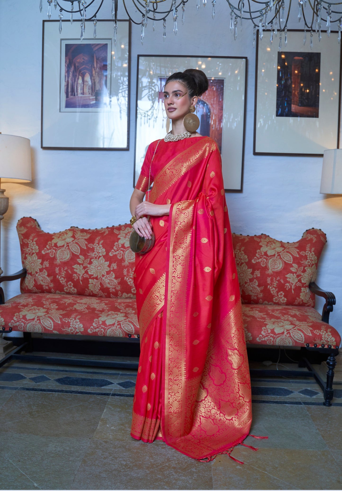 Dark Pink Moss Weave Banarasi Handloom Weaving Silk Saree