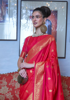 Dark Pink Moss Weave Banarasi Handloom Weaving Silk Saree