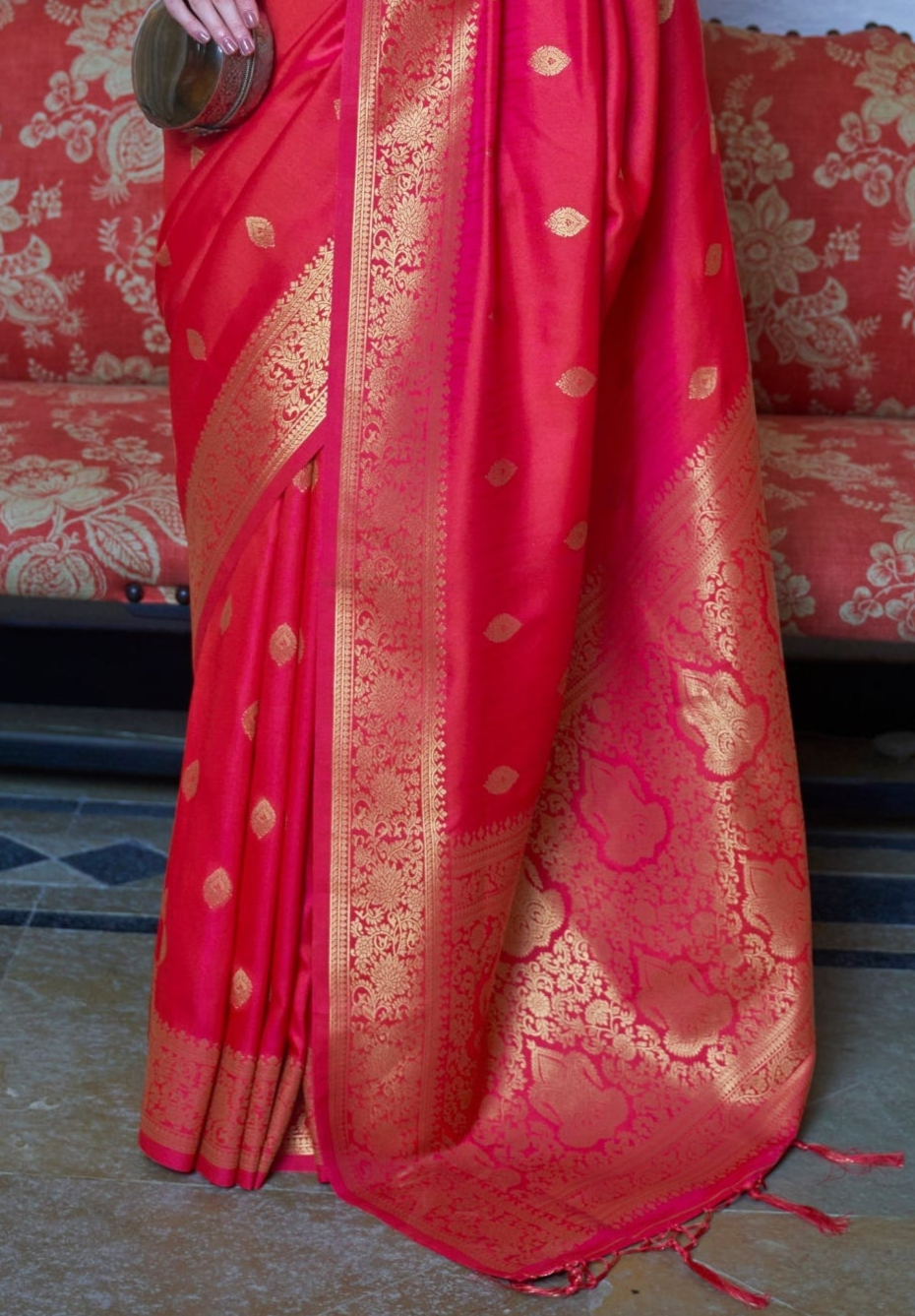 Dark Pink Moss Weave Banarasi Handloom Weaving Silk Saree