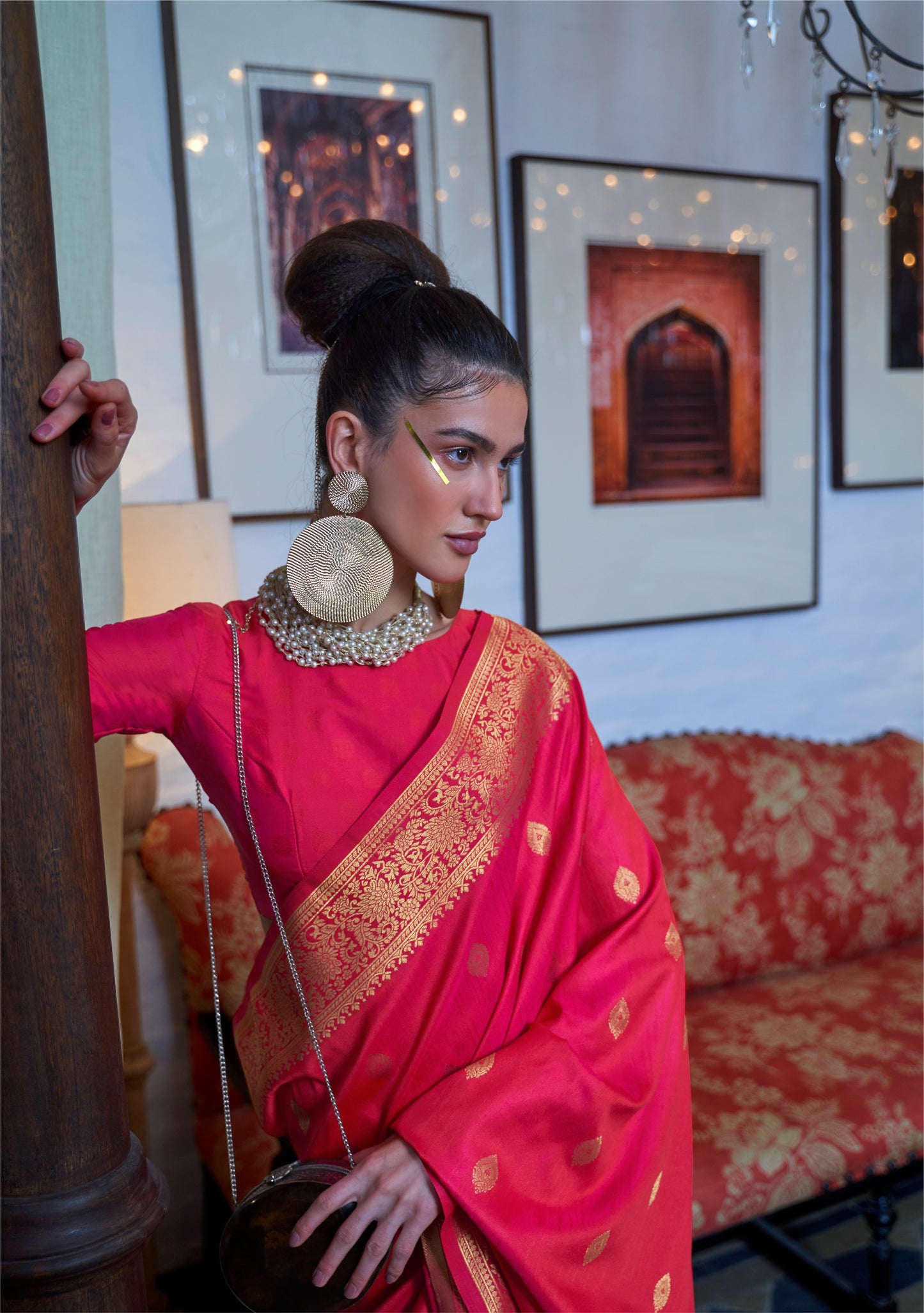 Dark Pink Moss Weave Banarasi Handloom Weaving Silk Saree