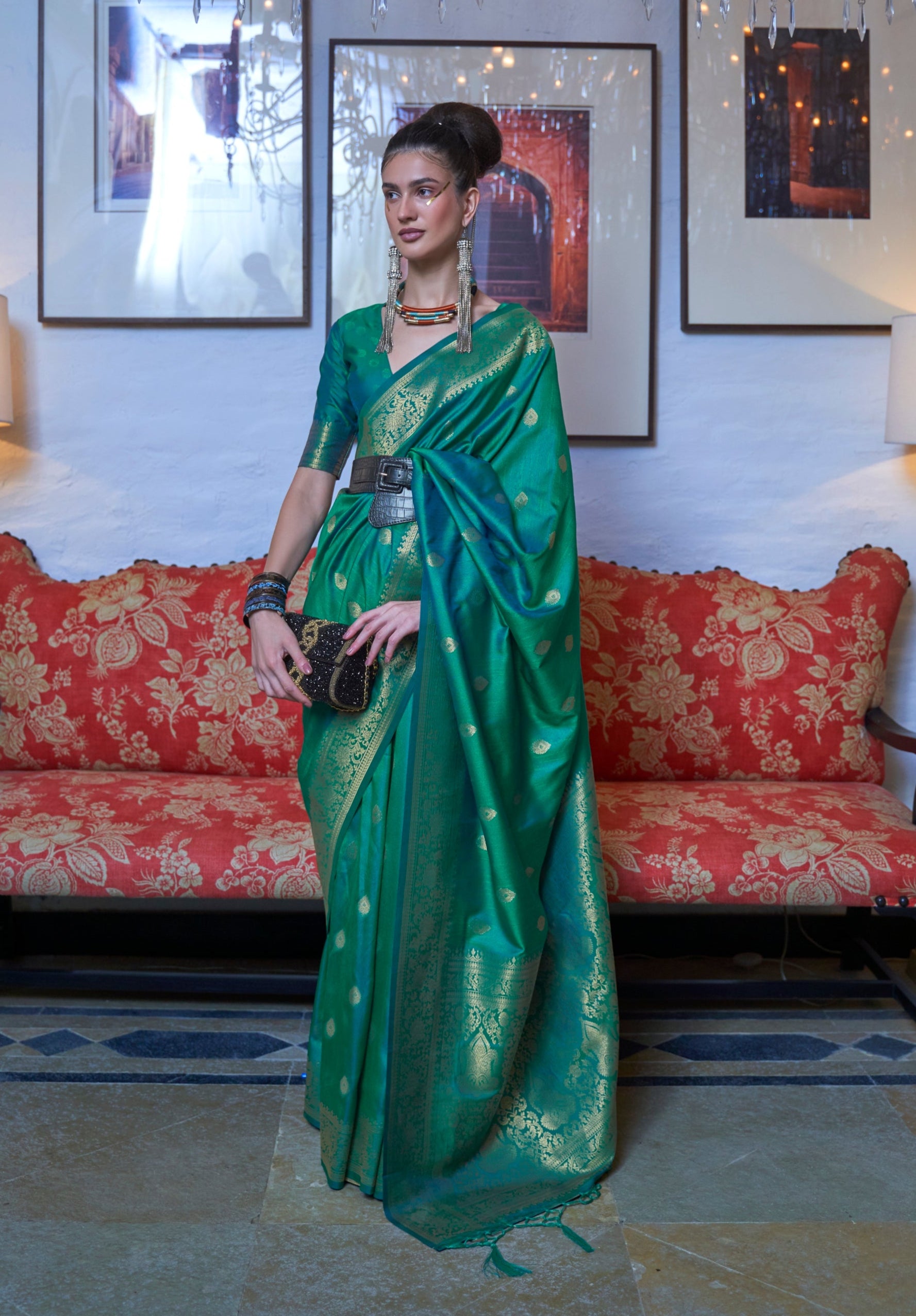 Green Moss Weave Banarasi Handloom Weaving Silk Saree