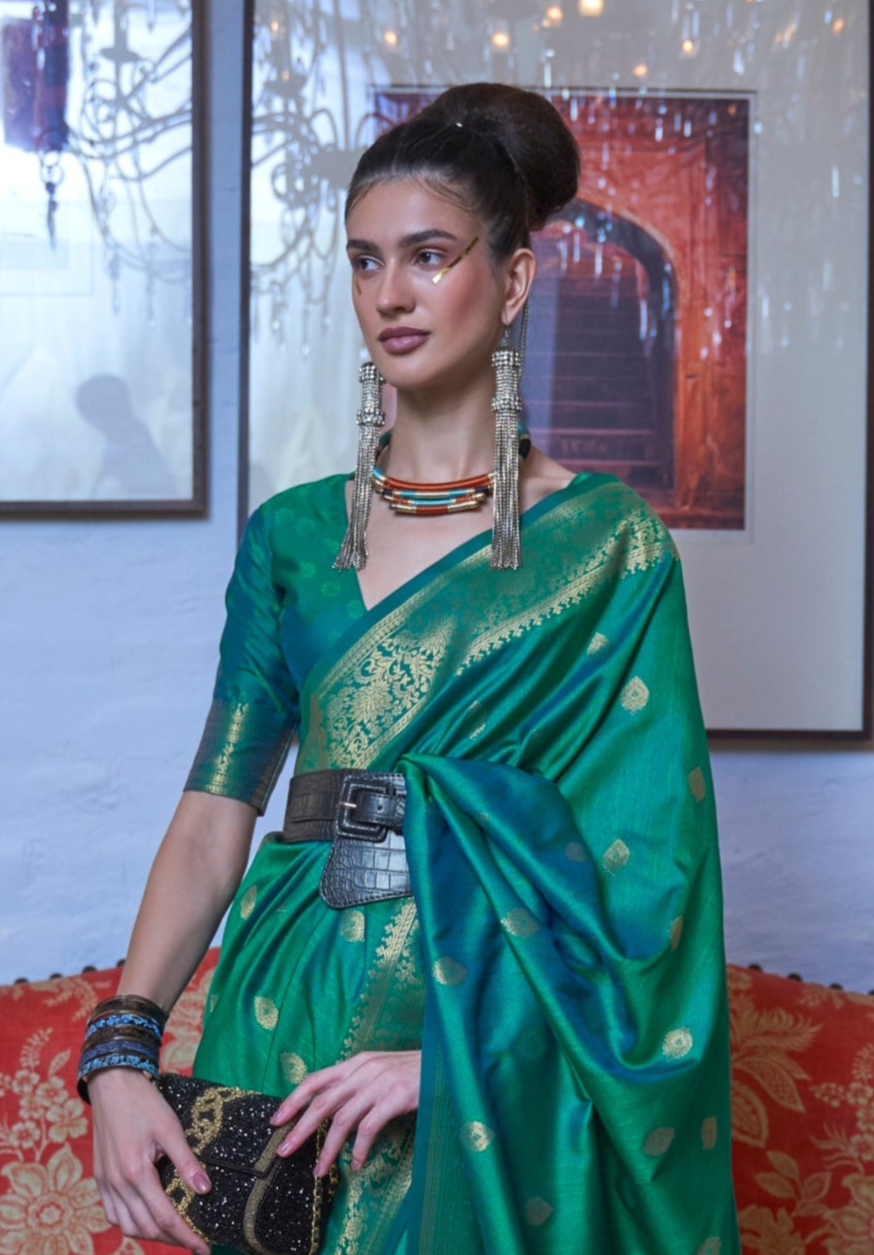 Green Moss Weave Banarasi Handloom Weaving Silk Saree