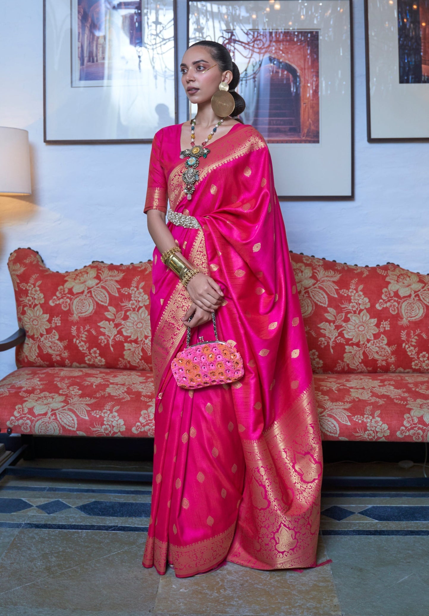 Bright Pink Moss Weave Banarasi Handloom Weaving Silk Saree