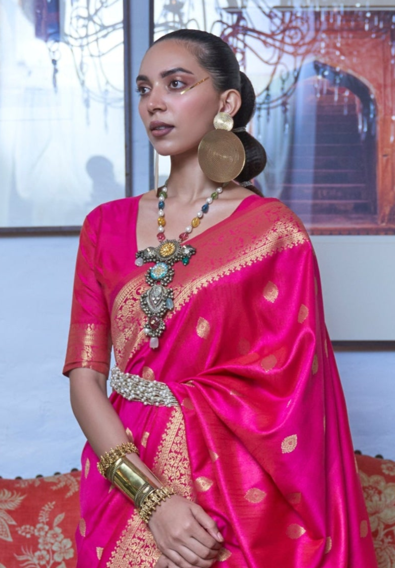 Bright Pink Moss Weave Banarasi Handloom Weaving Silk Saree