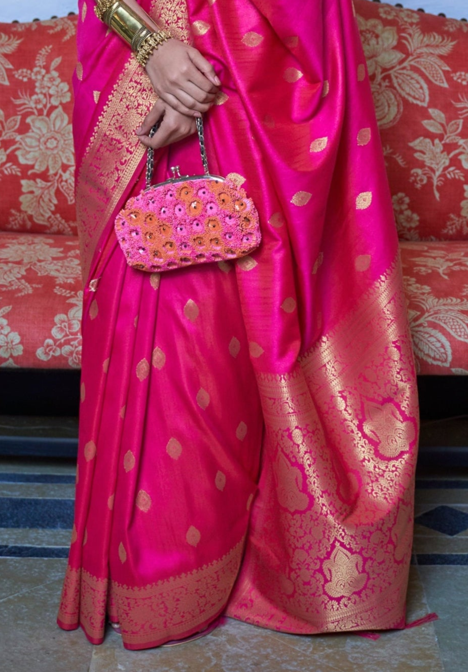 Bright Pink Moss Weave Banarasi Handloom Weaving Silk Saree