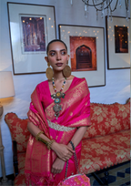 Bright Pink Moss Weave Banarasi Handloom Weaving Silk Saree