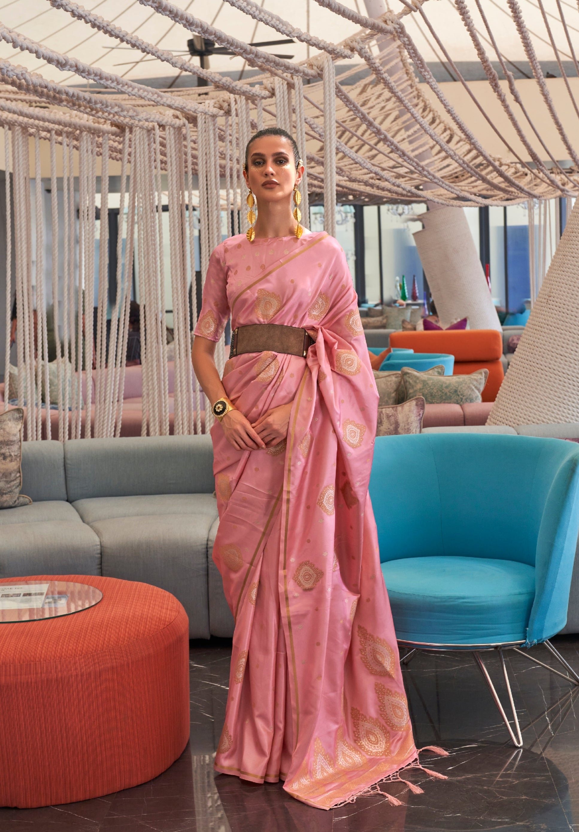 Pink Pure Satin Copper Zari Weaving Saree
