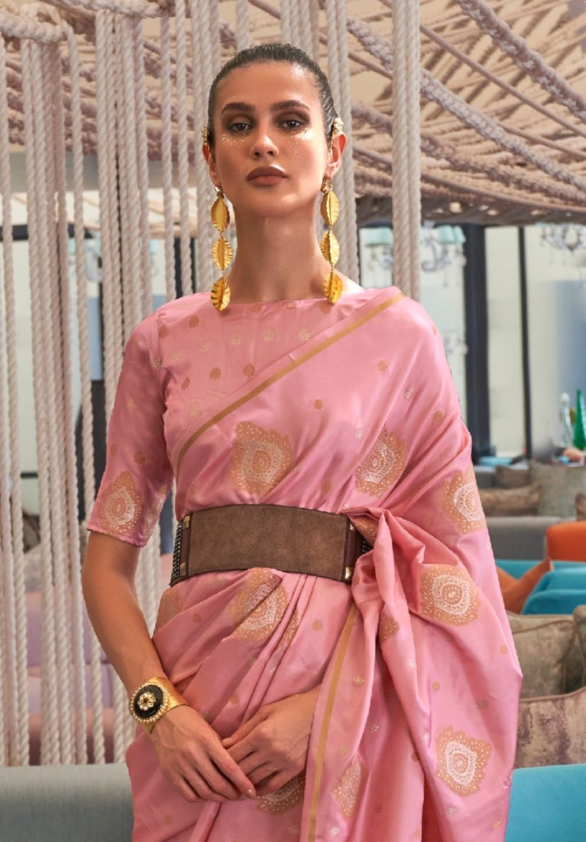 Pink Pure Satin Copper Zari Weaving Saree