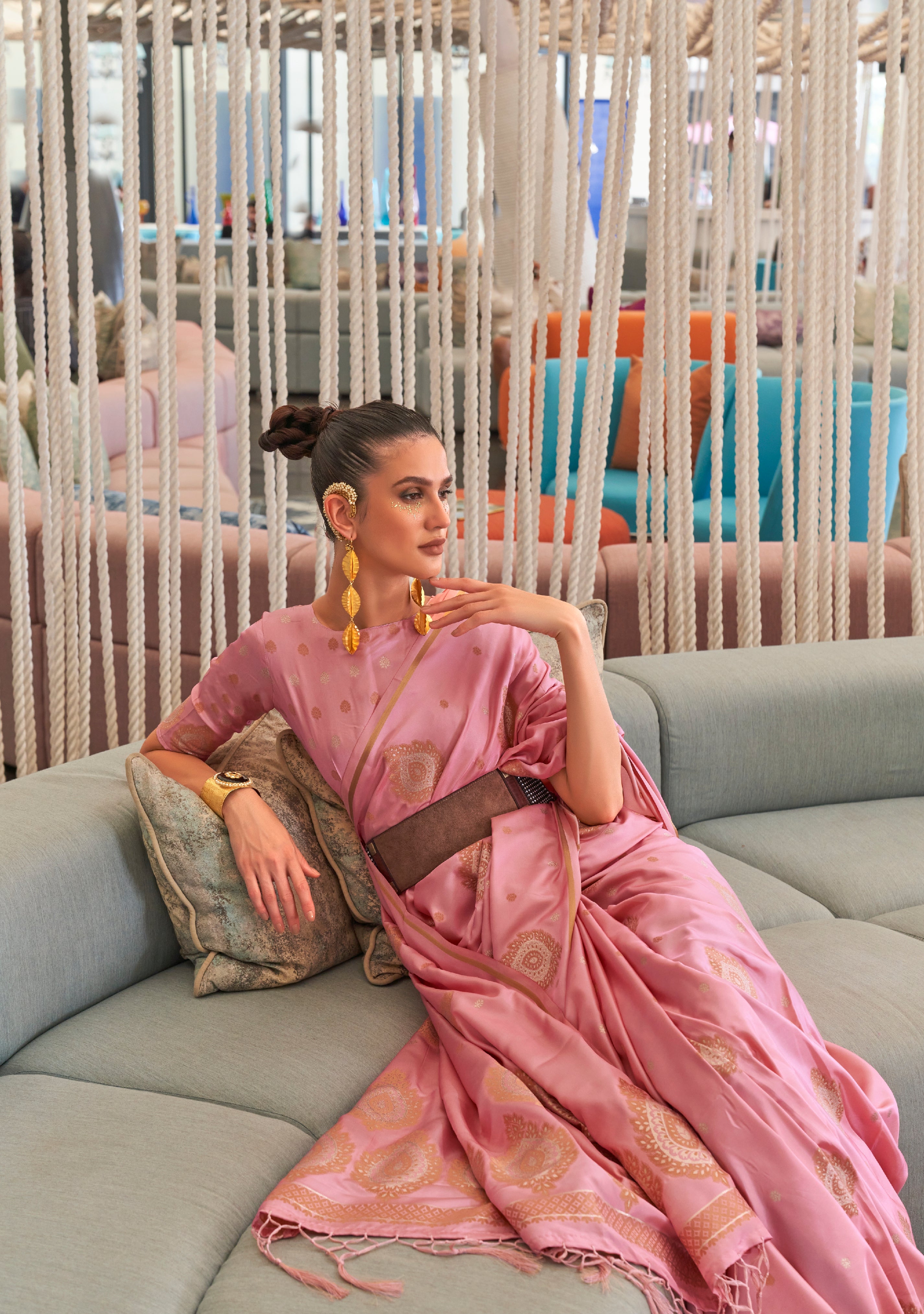 Pink Pure Satin Copper Zari Weaving Saree