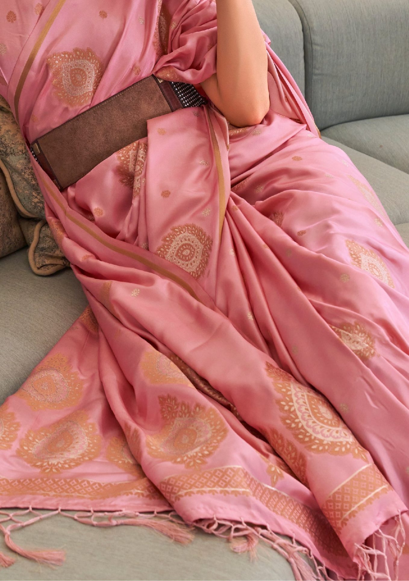 Pink Pure Satin Copper Zari Weaving Saree