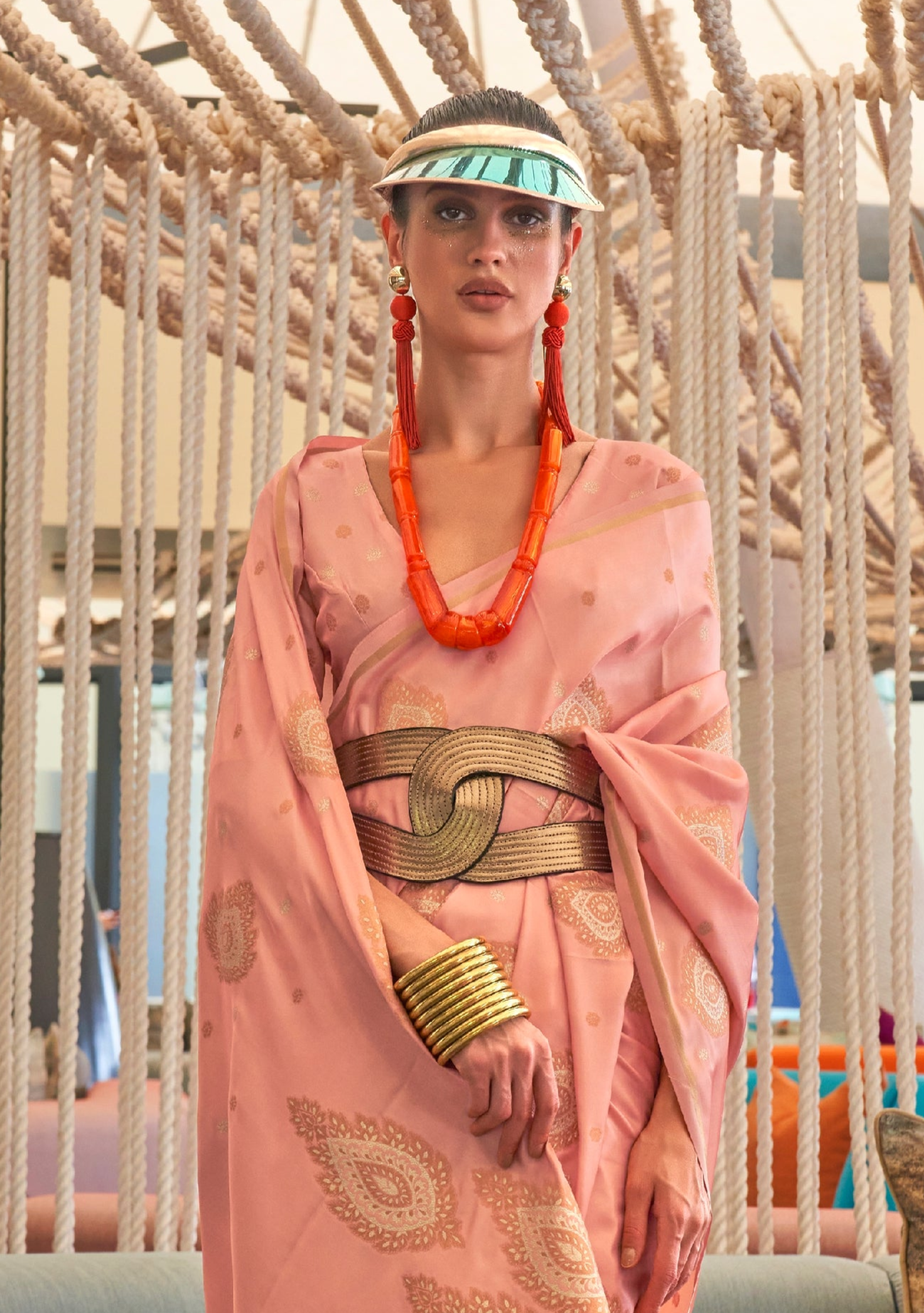 Beige Pink Pure Satin Copper Zari Weaving Saree