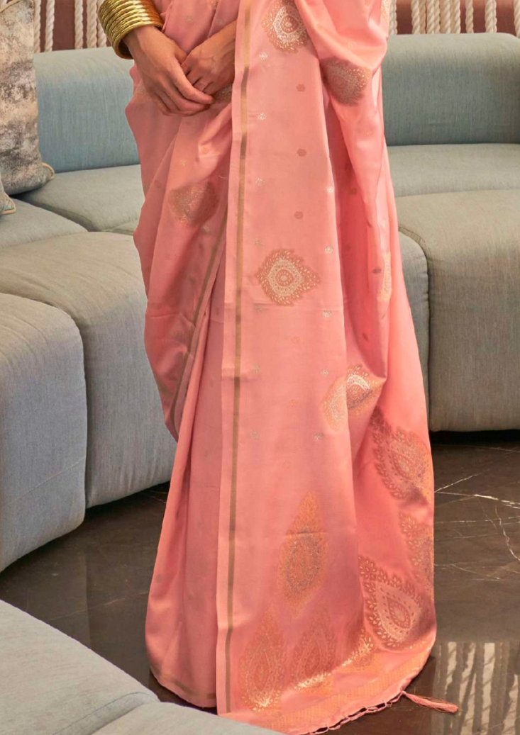 Beige Pink Pure Satin Copper Zari Weaving Saree