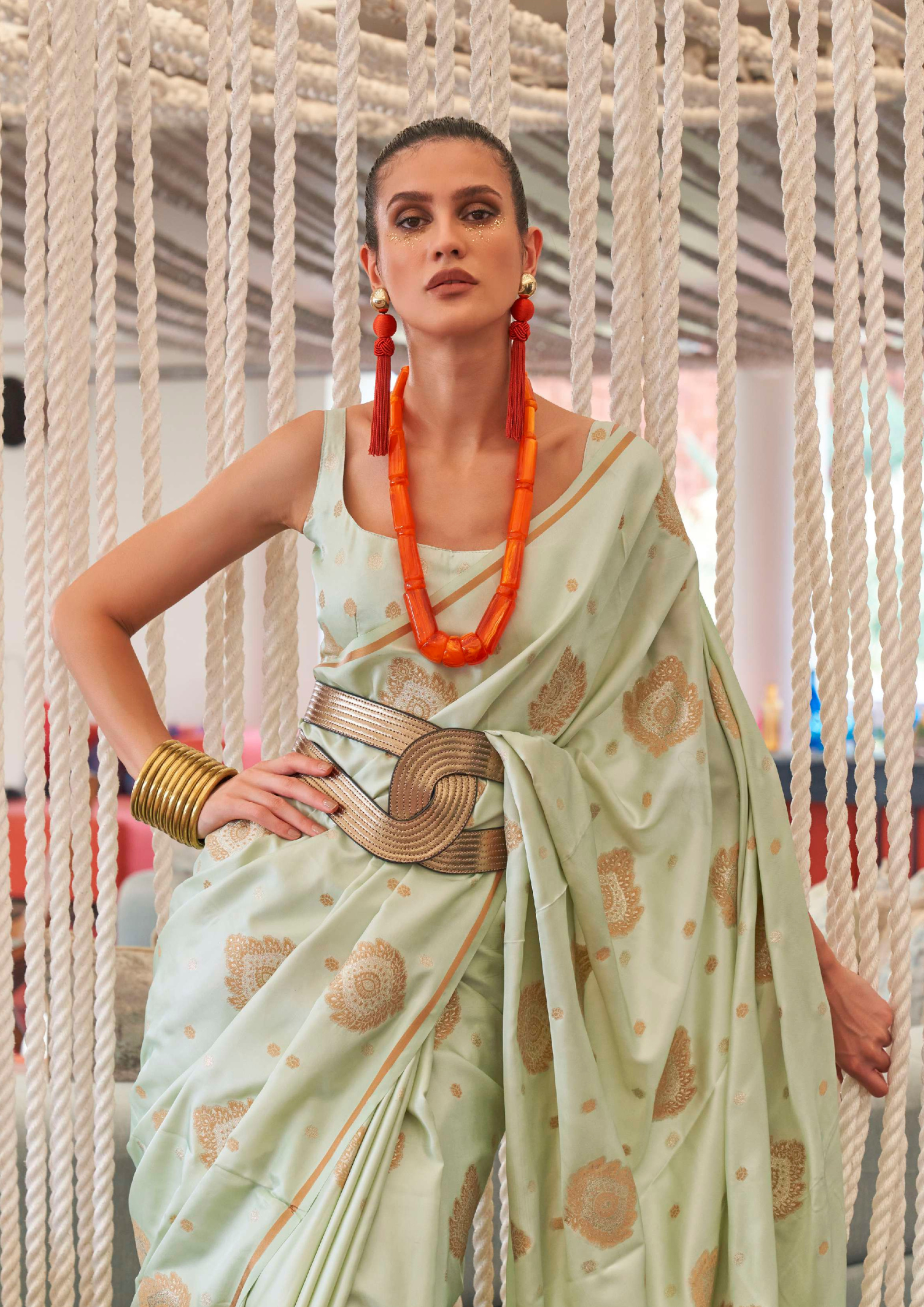 Light Green Pure Satin Copper Zari Weaving Saree