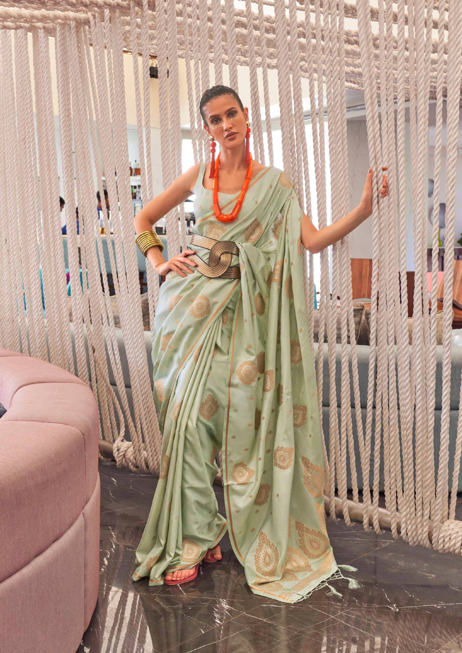 Light Green Pure Satin Copper Zari Weaving Saree