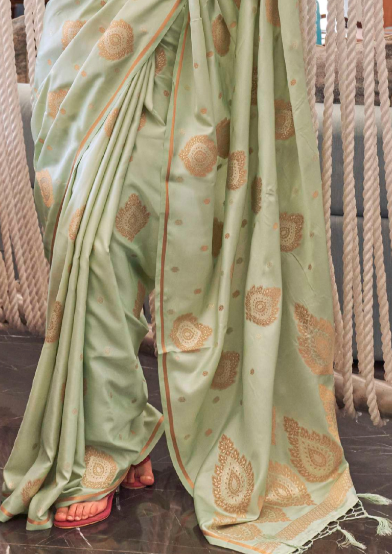 Light Green Pure Satin Copper Zari Weaving Saree