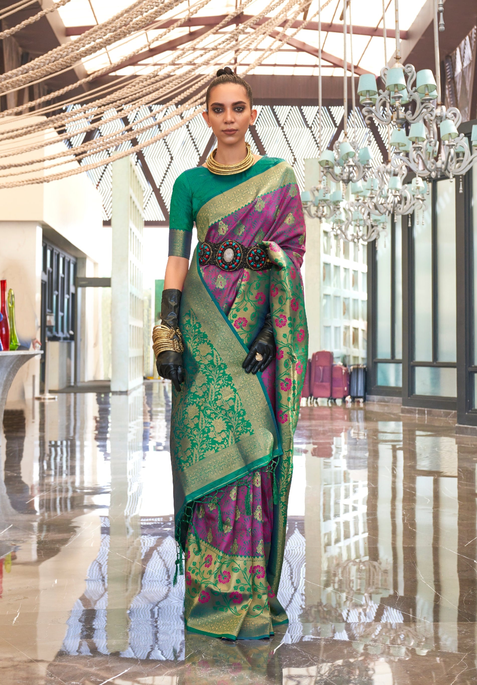 Purple Green Self Contrast Chaap Handloom Weaving Saree