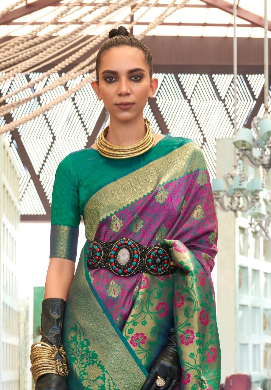 Purple Green Self Contrast Chaap Handloom Weaving Saree