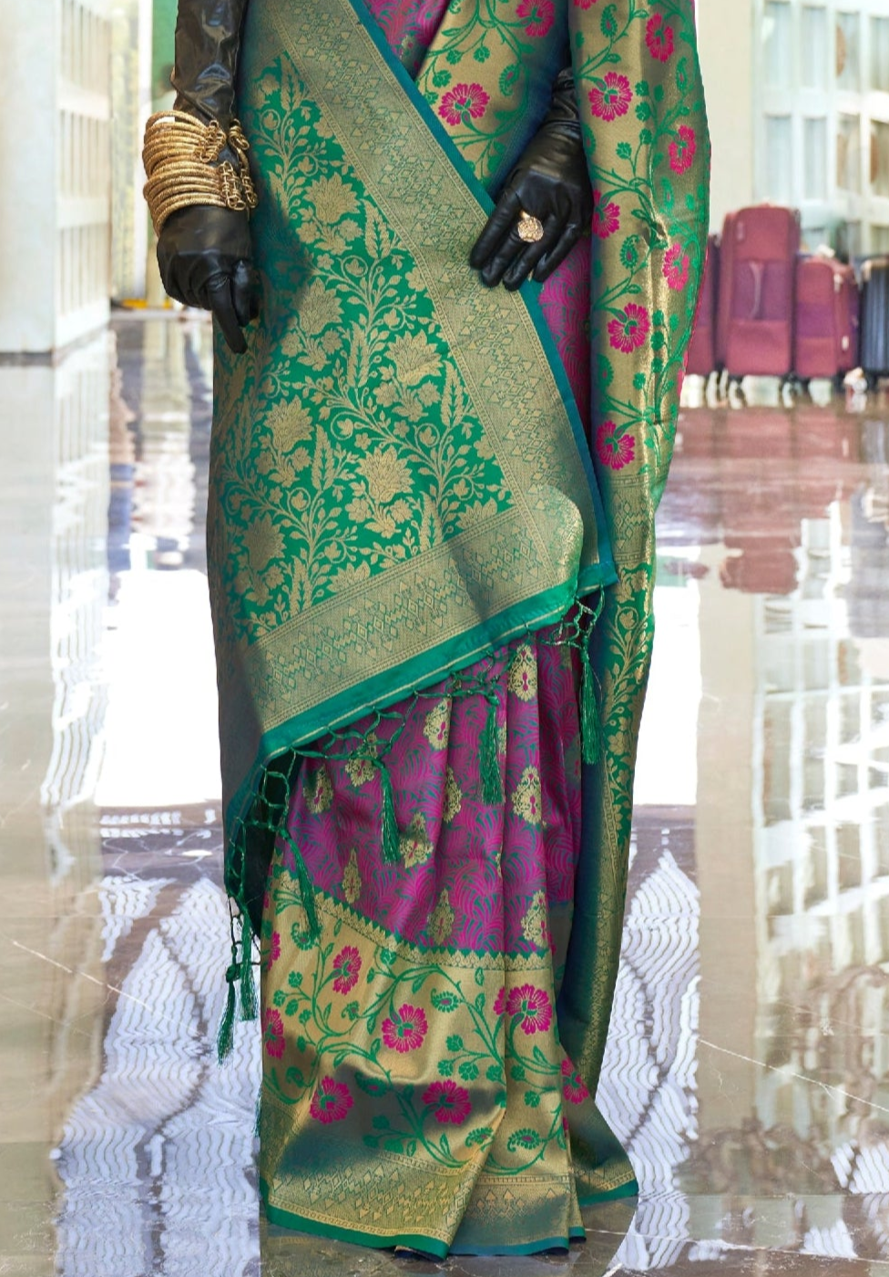 Purple Green Self Contrast Chaap Handloom Weaving Saree
