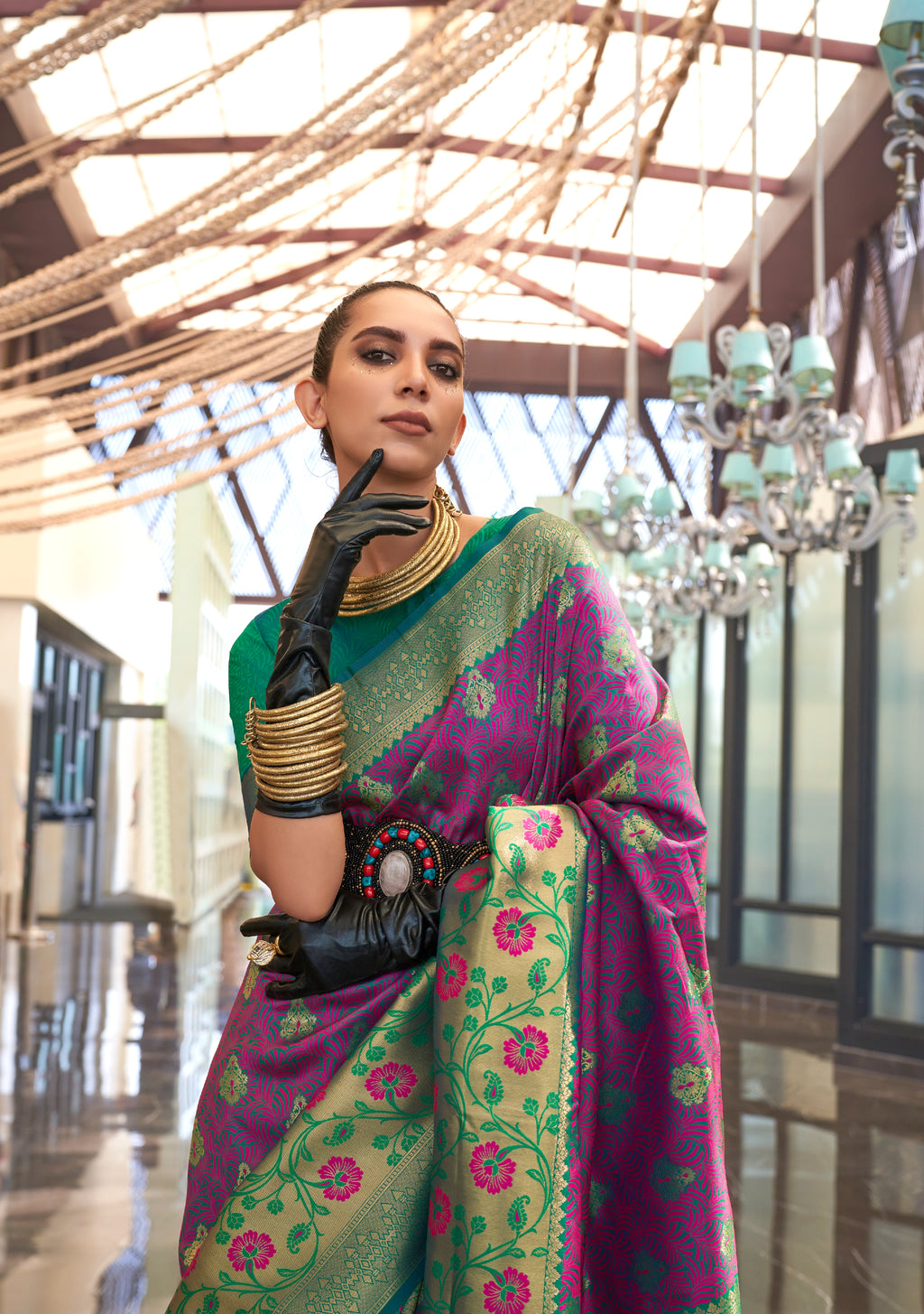 Purple Green Self Contrast Chaap Handloom Weaving Saree
